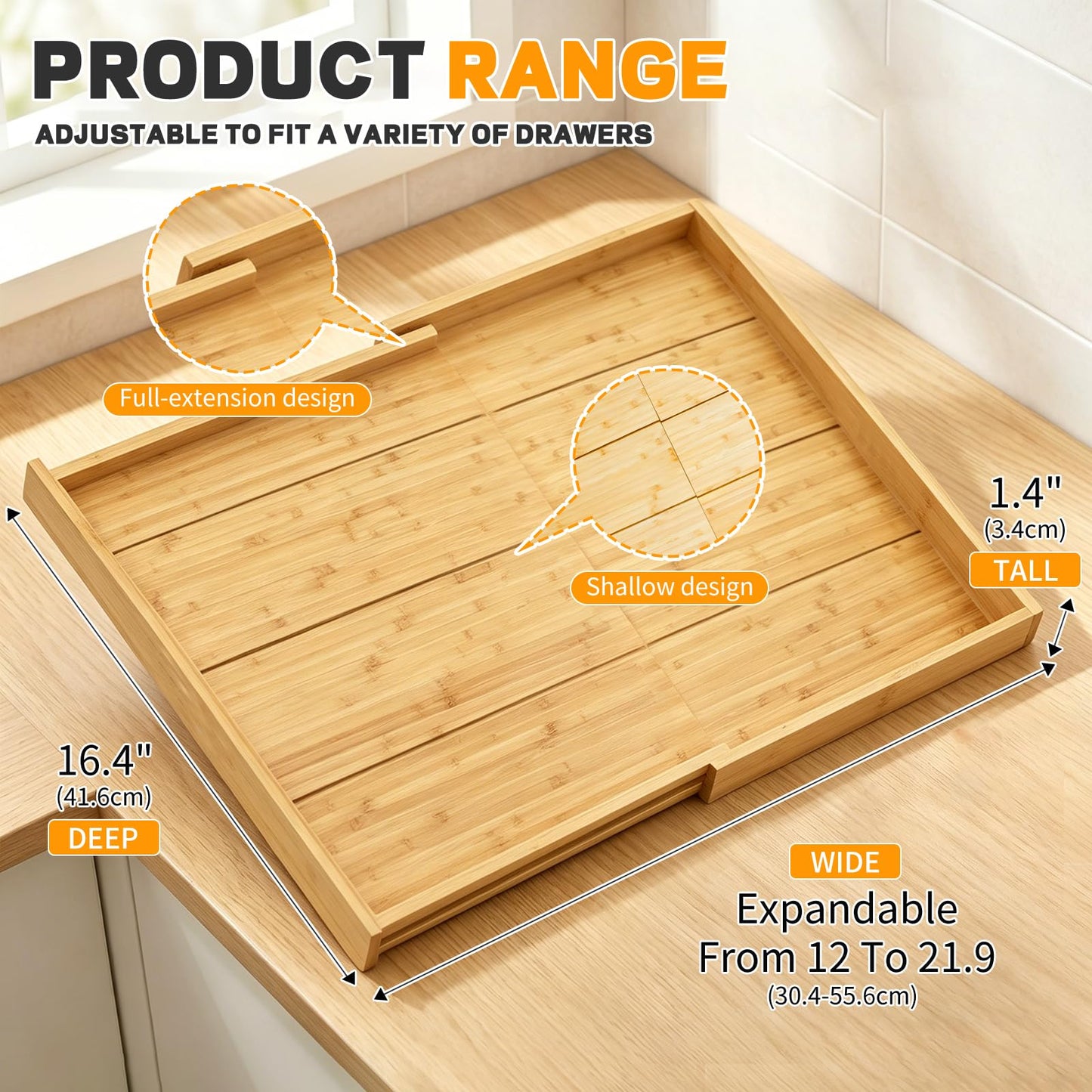 Bamboo Spice Drawer Organizer Expandable(Fits 2.6” Deep Drawers), 4-Tier Spice Rack Drawer Insert for Kitchen Cabinets(12" - 21.9" Width), Adjustable Seasoning Storage Insert (Jars Not Included)