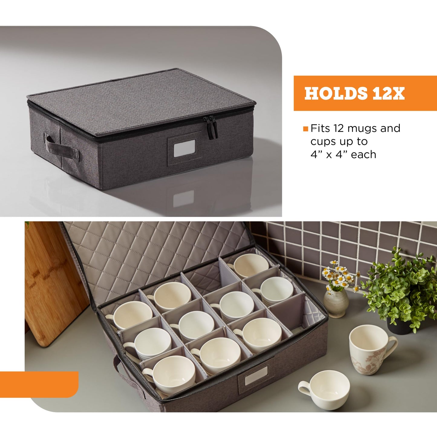 storageLAB Cup and Mug Storage Containers, Hard Shell Storage Case with Felt Dividers for Cups, Mugs, Dishes, and Glasses, Ideal for Kitchen Organizing and Moving Supplies - 1 Pack, Gray