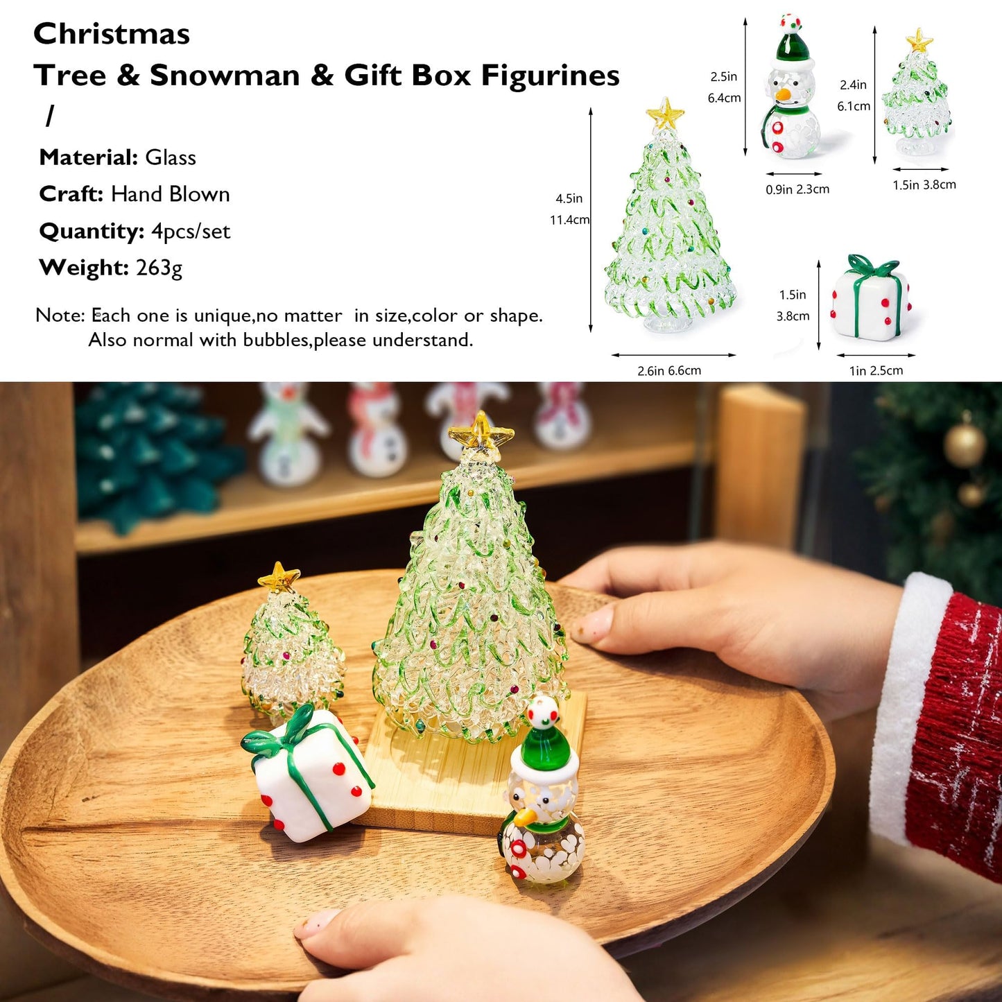 HDCRYSTALGIFTS Set of 4 Mini Blown Glass Christmas Figurines Collectible Miniatures Glass Christmas Tree & Snowman & Gift Box Ornaments Festival Gifts for Winter Holiday Home Tabletop Decor