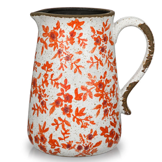 Ceramic Rustic Farmhouse Vase, 7.9" Orange Red and White Vase for Centerpieces Chinoiserie Vases Pottery Jug with Handle Chinoiserie French Country Decor Vintage Vases for Kitchen Dinner Table