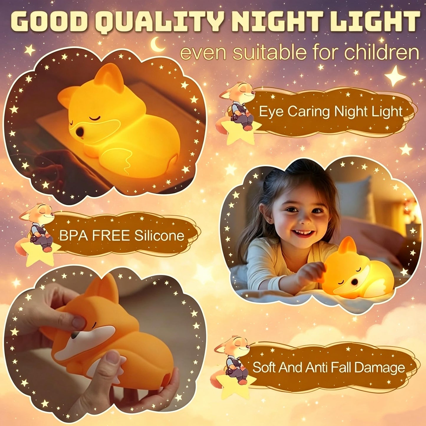 YR YRHH-PET Cute Fox Lamp, Squishy Animal Night Light for Kids Baby Nursery