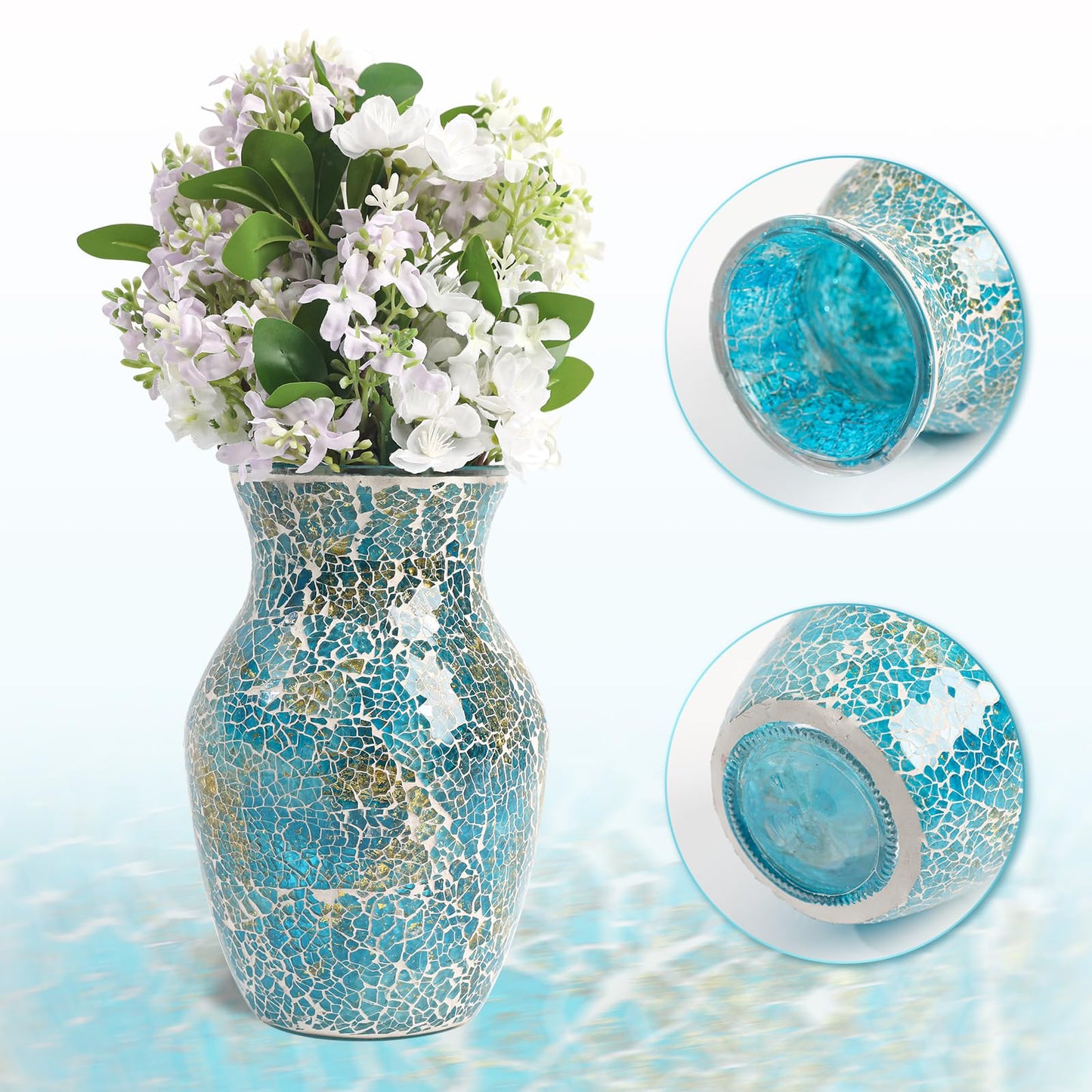 Faticdorr Mosaic Glass Vase, 8 Inch, Beautiful Mosaic Vase for Centerpiece, Home Decor, Wedding, Handmade, Blue and Gold