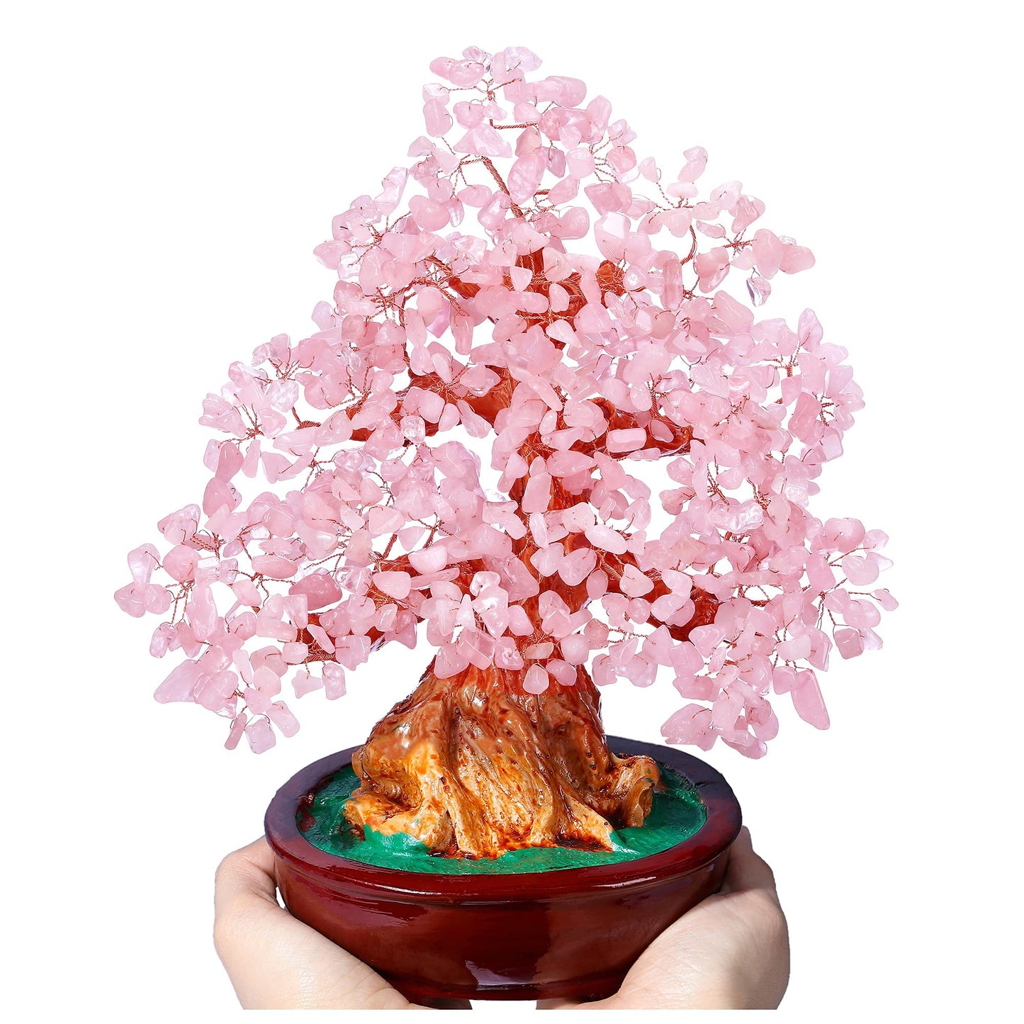 Jovivi Feng Shui Natural Rose Quartz Crystal Money Tree Resin Base Healing Stones Bonsai Style Tree Large Decoration for Wealth and Luck 9.5 Inches