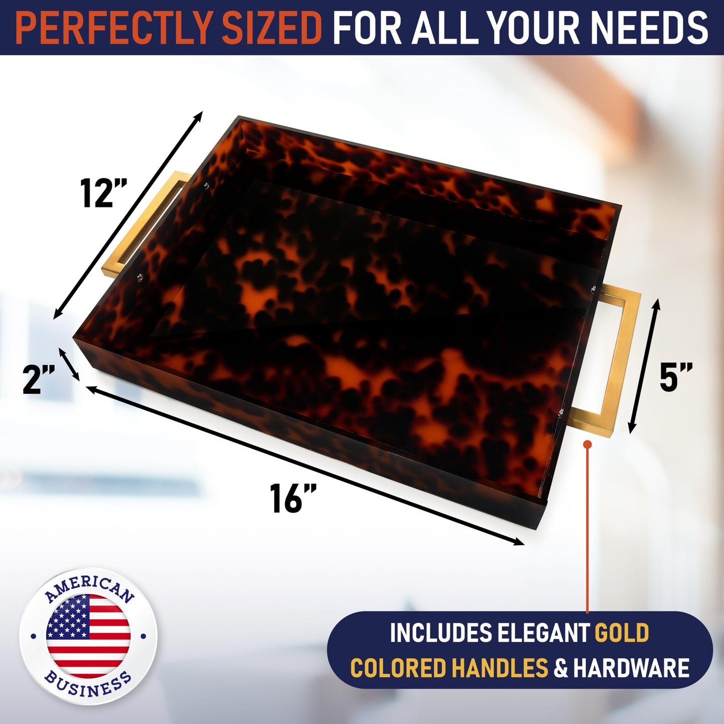 Acrylic Serving Tray with Gold Handles, 16" x 12" Decorative Tray for Coffee Table, Spill-Proof Food and Drink Server. Multipurpose for Ottoman, Kitchen, Vanity, Countertop, Party Use (Tortoise Shell)
