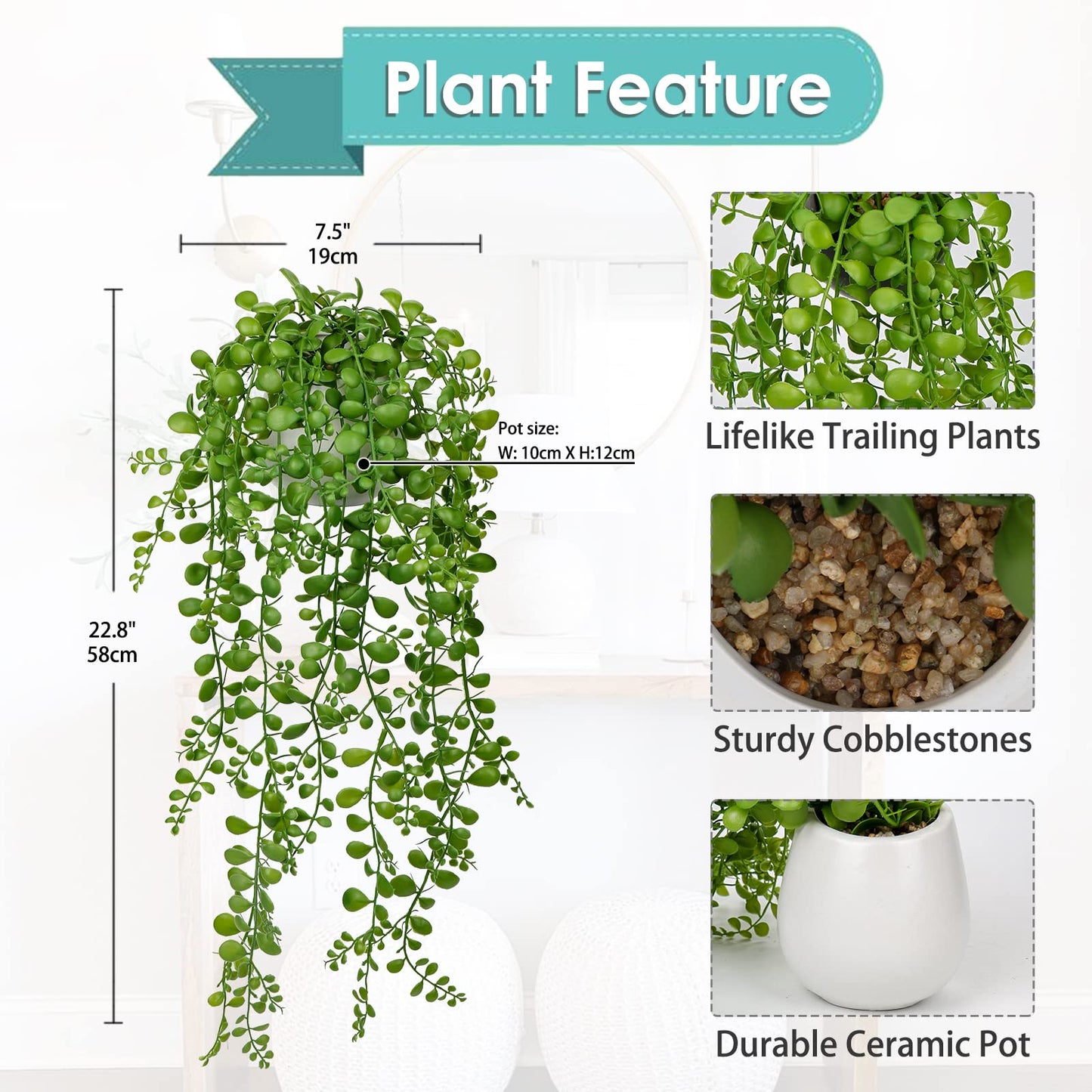 Fake Hanging Plant Large Artificial Hanging Plants 21” Long Hanging Plants Artificial Decor with White Ceramic Pot Faux Hanging Plant Succulents for Home Bedroom Bathroom Wall Table Shelf Decor
