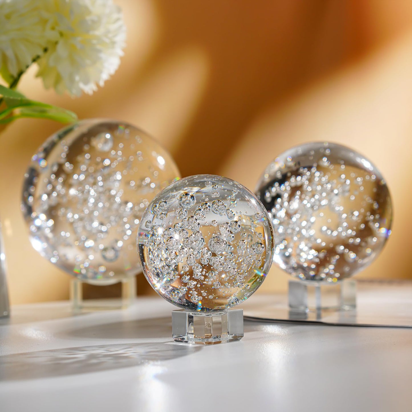 Crystal Ball Set of 3 K9 Bubble Glass Decorative Spheres with Stands