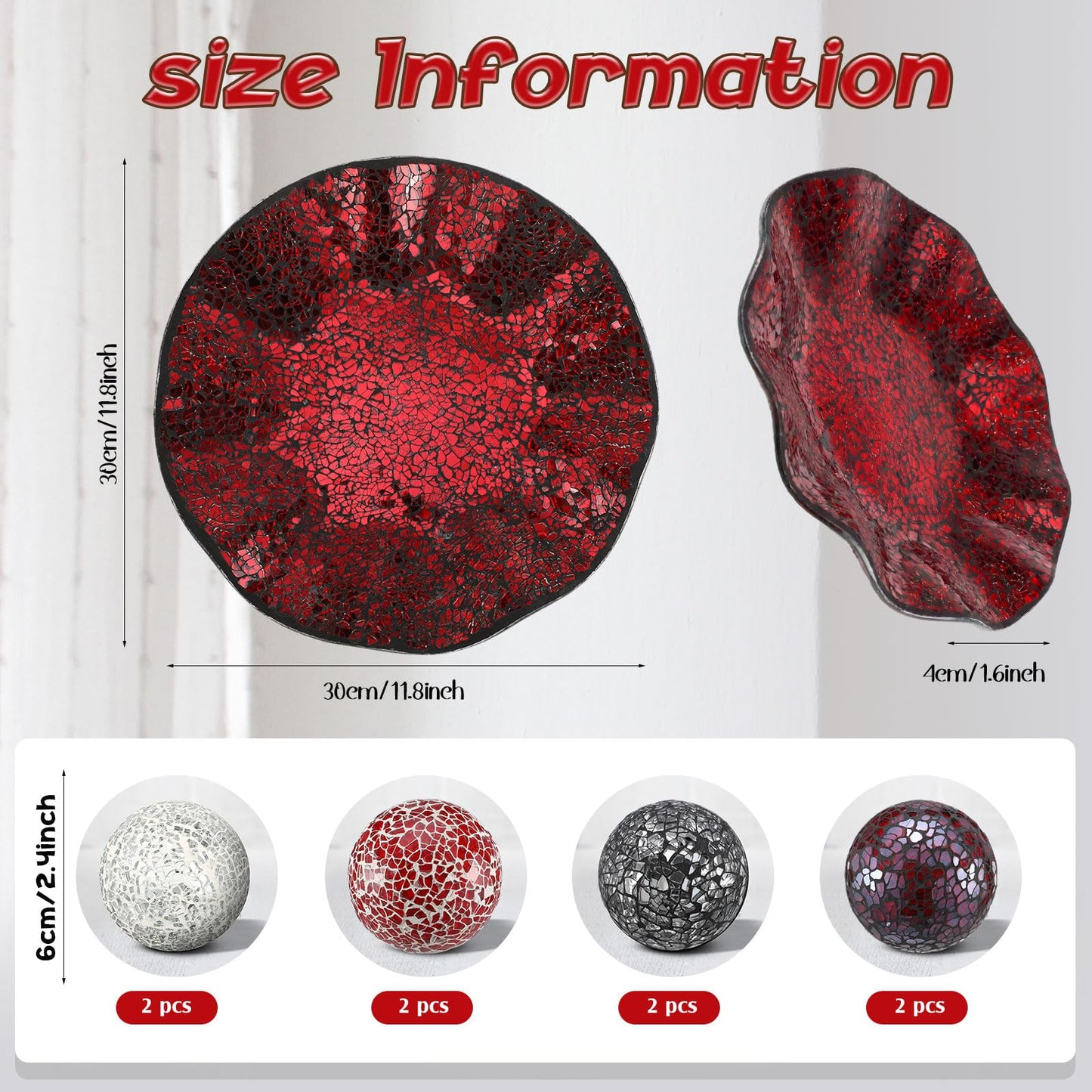 Suclain Centerpiece Bowl and Decorative Balls Set 8 Pcs Table Mosaic Plate with 2.4 Inch Glass Mosaic Orbs Glass Turquoise Tray and Spheres for Centerpiece Table Home Vases Decor (Red and Black)
