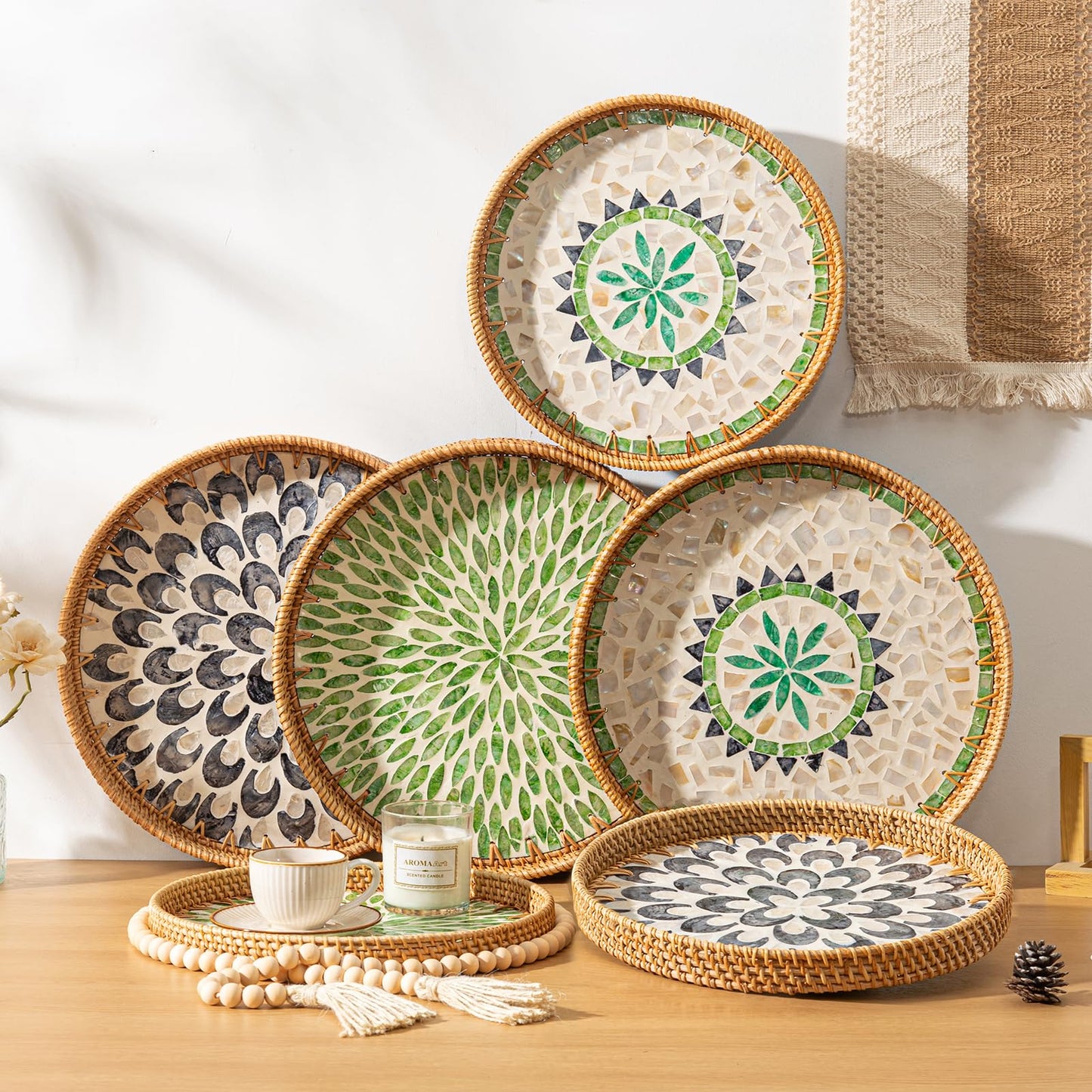 14 inch Round Rattan Tray Home Decor, Wicker Serving Tray with Mother of Pearl Inlay, Boho Decorative Tray for Coffee Table, Ottoman, Kitchen Table, Bathroom (Coastal Blue)