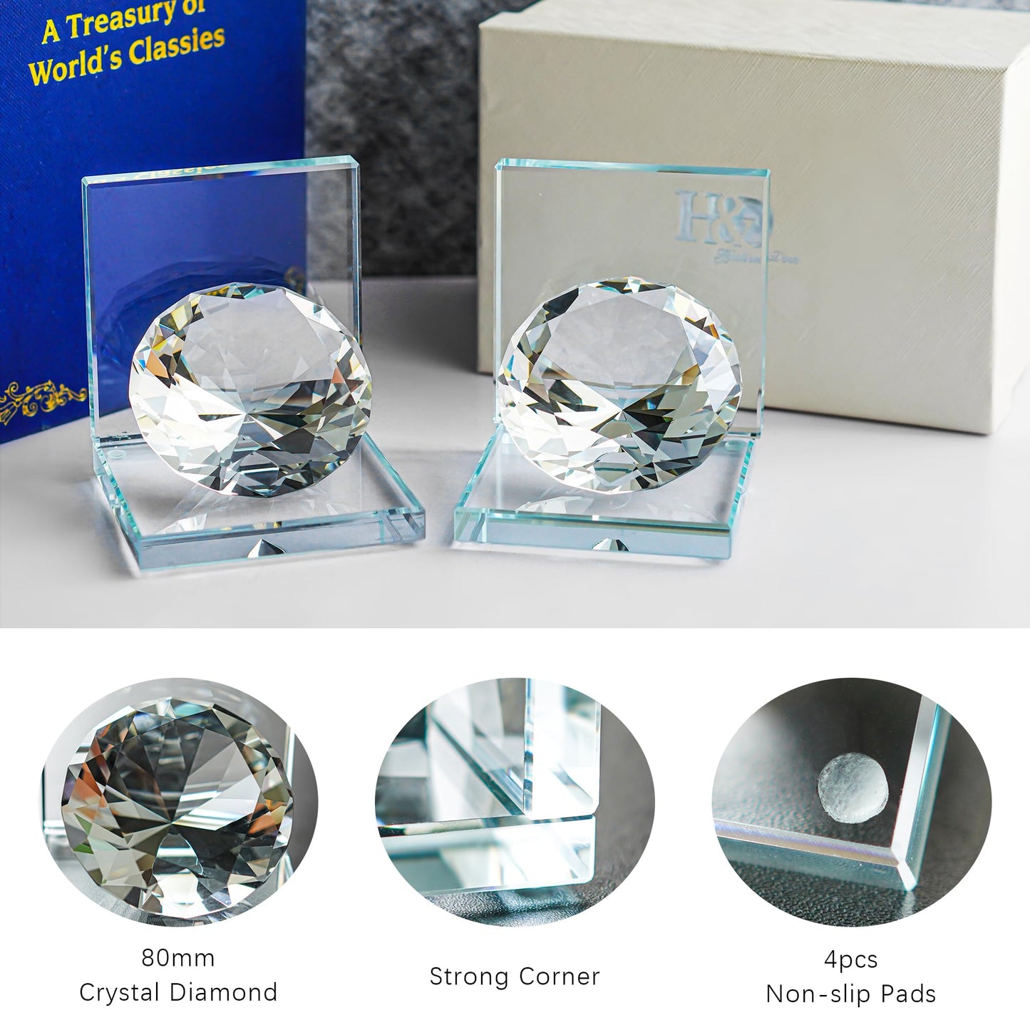 1 Pair Crystal Bookends with 80mm Clear Diamond, L Shaped Heavy Duty Book End for Shelves Non Skid Bookends Book Stopper, 4inch
