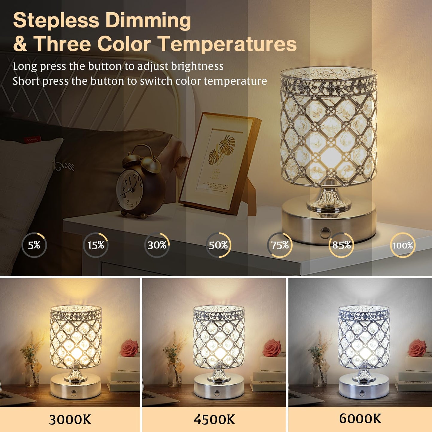 TOBUSA 6000mAh Crystal Battery Operated Lamp, Silver Modern Cordless Table Lamp Rechargeable, Portable Bedside Touch Small Desk Lamp 3000K-4500K-6000K, Stepless Dimmable Wireless LED Night Light