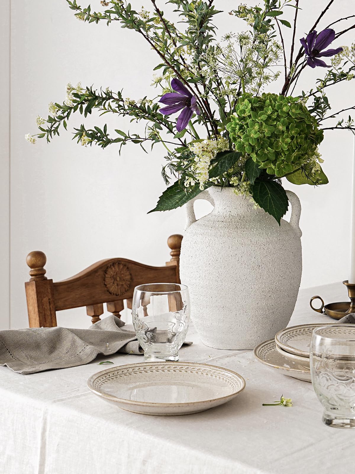White Ceramic Vase with Handles, 9.5" Large Farmhouse Flower Vase - Rustic Centerpiece for Living Room, Bookshelf, Mantel, Entryway, Table & Wedding Home Decor (Rock Sand White)