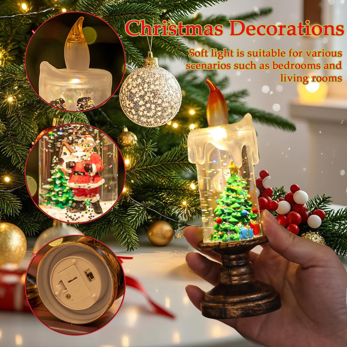 Flameless Snow Globe Candles, Battery Opered Christmas Candles Light with Swirling Glitter, Safe Fairy Tale Taper Candle for Home Fireplace Table Holiday Decor (Santa Claus)