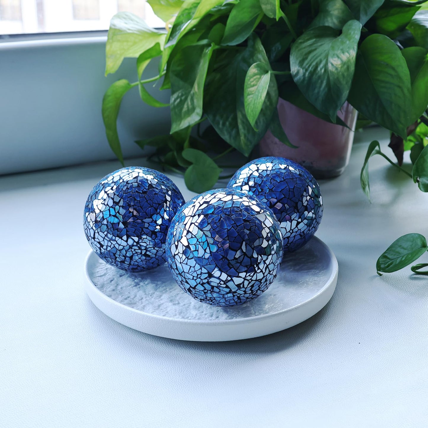 Yazikisa 3 Pack Blue Decorative Orbs Mosaic Crack Glass Balls Decor Solid Sphere Globe Bowl Vase Fillers Holiday Living Room Mantle Basket Centerpiece 3.35 Inch