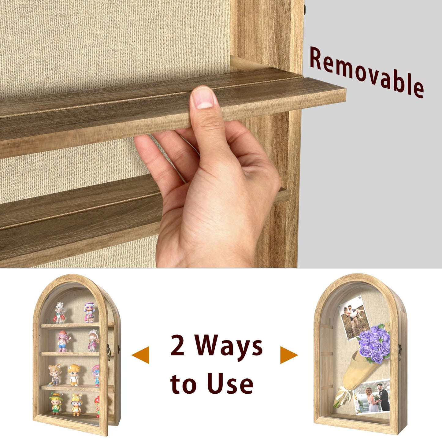REFGY Arched Shadow Box Frame 16.3"x9.8" for Flowers & Photos - 3.9" Deep Wooden Shadowbox Picture Frame with 4 Removable Shelves - Large Personalized Shadow Box for Wedding Memorabilia