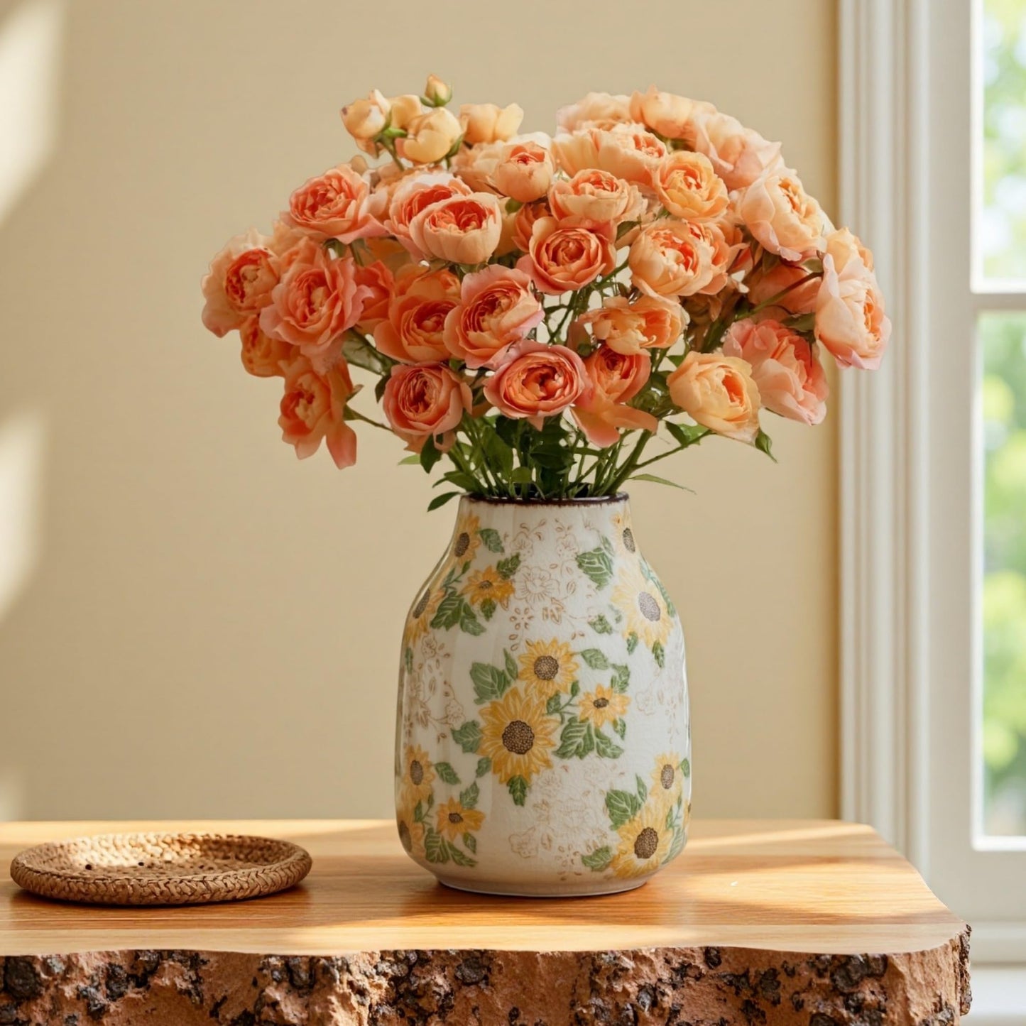 Loaesa Yellow Sunflower Floral Ceramic Vase, 7.7 Inch Chinoiserie Modern Aesthetic Rustic Vases for Tuscan French Country Kitchen Bedroom Entryway Coffee Table Home Decor