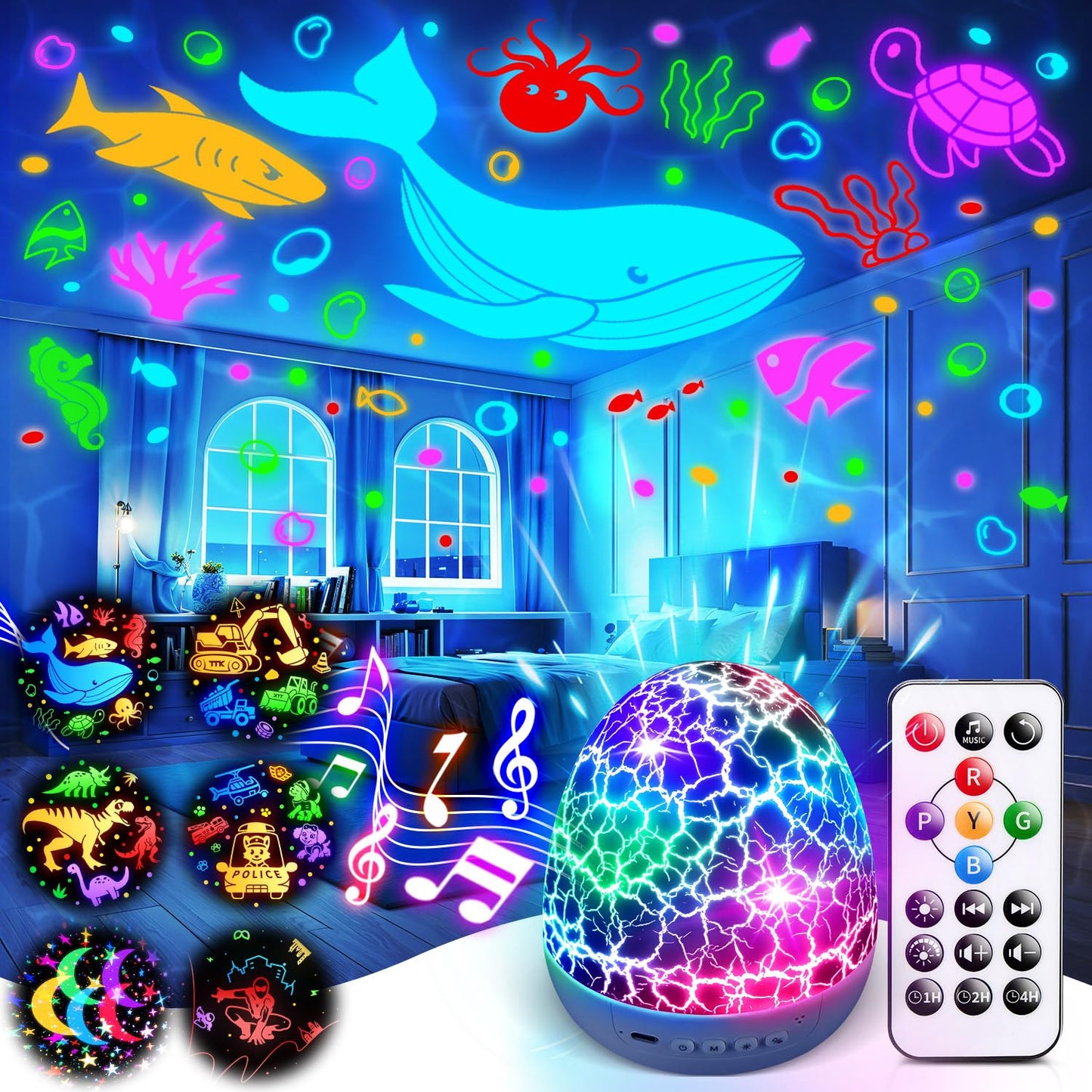 Star Projector Night Light for Kids, 6 Films & 15 Lullabies White Noise Sound Machine, Sensory Toys for Boys Toddlers, 360 Rotation Remote Timer Dino Egg Lights for 1-9 Boy Birthday Gifts