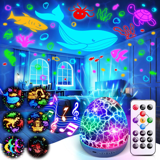Star Projector Night Light for Kids, 6 Films & 15 Lullabies White Noise Sound Machine, Sensory Toys for Boys Toddlers, 360 Rotation Remote Timer Dino Egg Lights for 1-9 Boy Birthday Gifts
