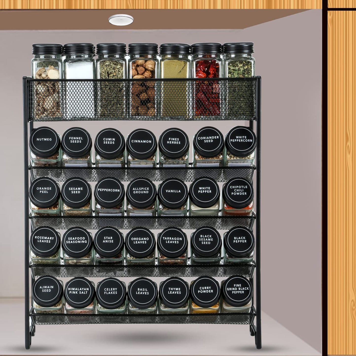 Skiileor Spice Rack Organizer with 28 Spice Jars, Black Lids，Spice Labels, Chalk pen and Funnel Set for Cabinet, Countertop, Pantry, Cupboard or Wall Mount