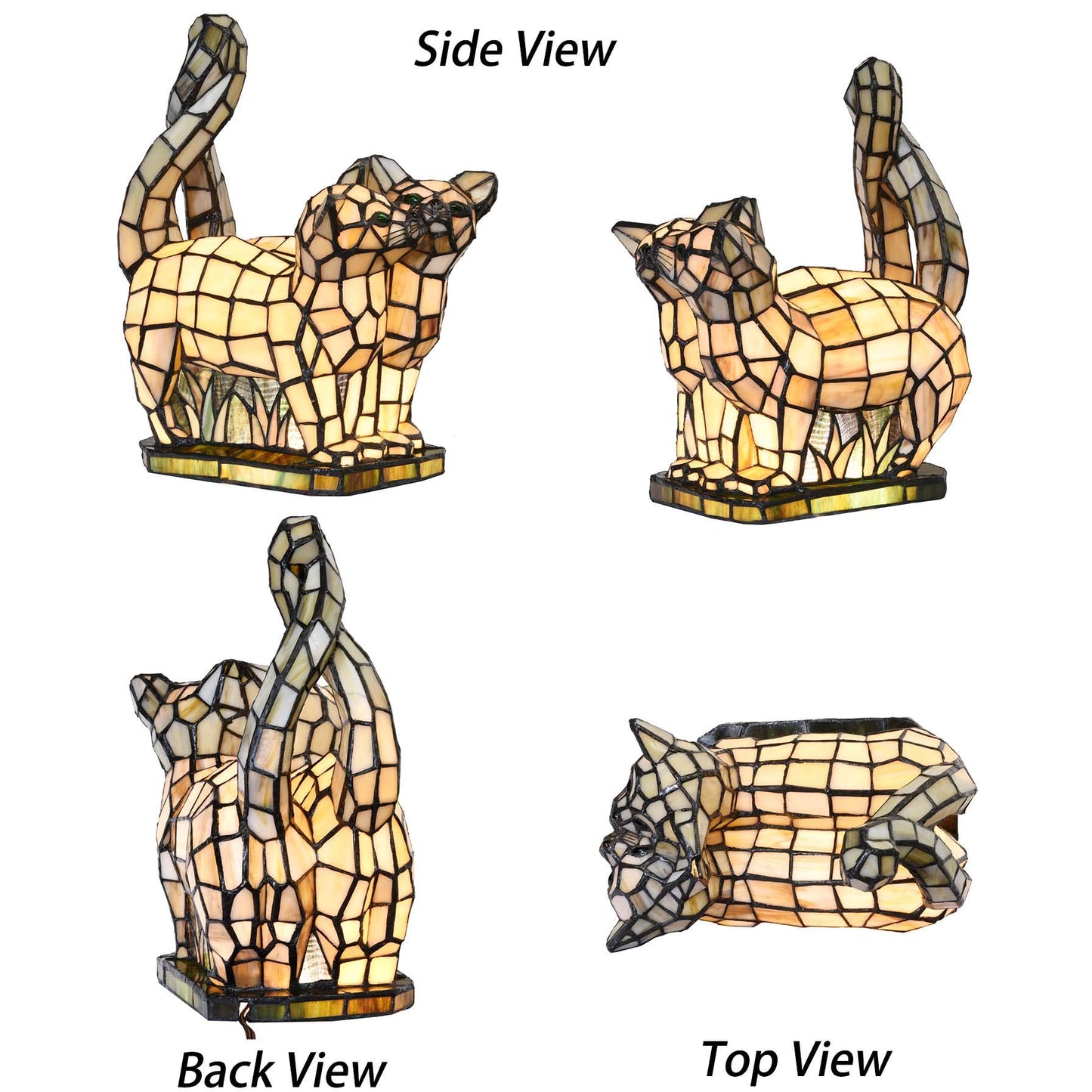 Bieye L10771 Cats in Love Tiffany Style Stained Glass Accent Table Lamp Night Light for Home Decoration (Two Cats, Yellow)
