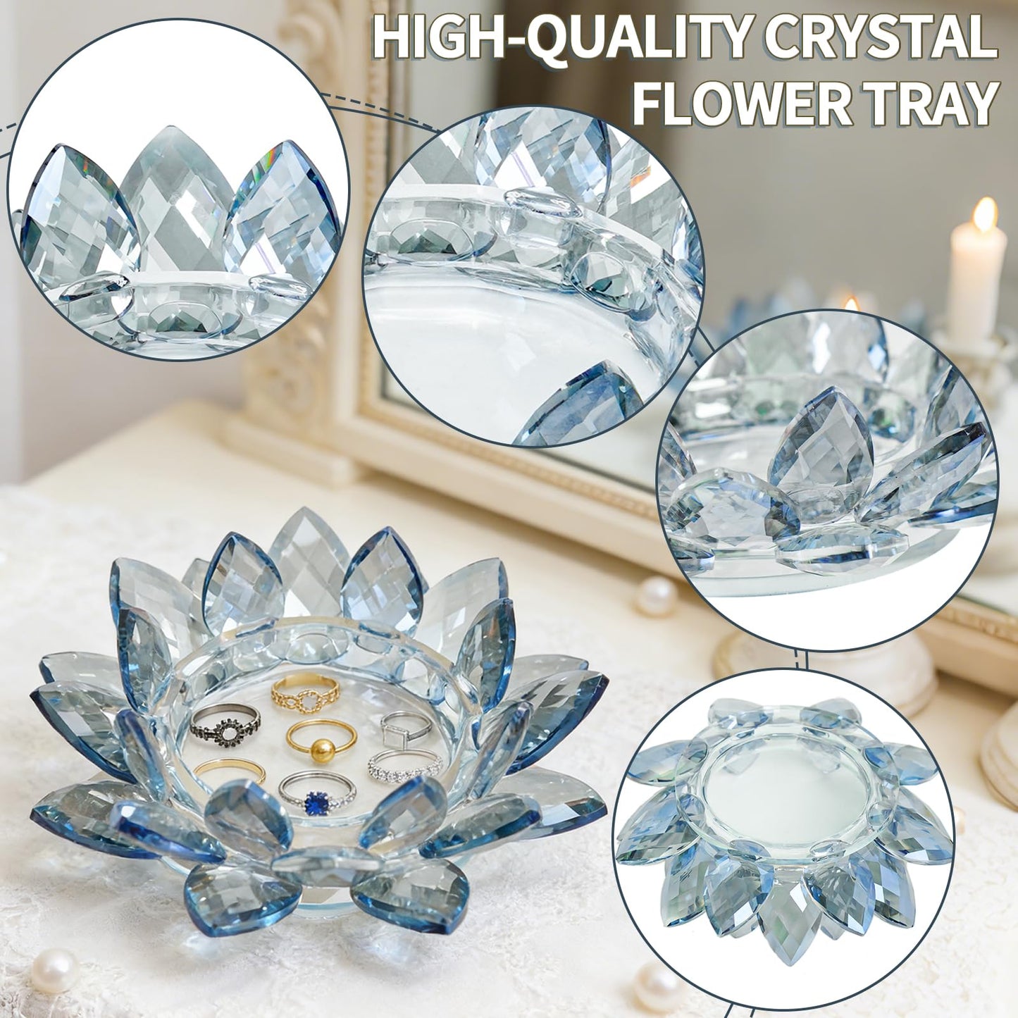 Crystal Flower Jewelry Tray, Luxury Transparent Decorative Trinket Dish for Rings, Earrings, Necklaces, Keys for Vanity Dresser Nightstand, Elegant Gift for Women Mother's Day (1, 6.3"(W)- Blue)
