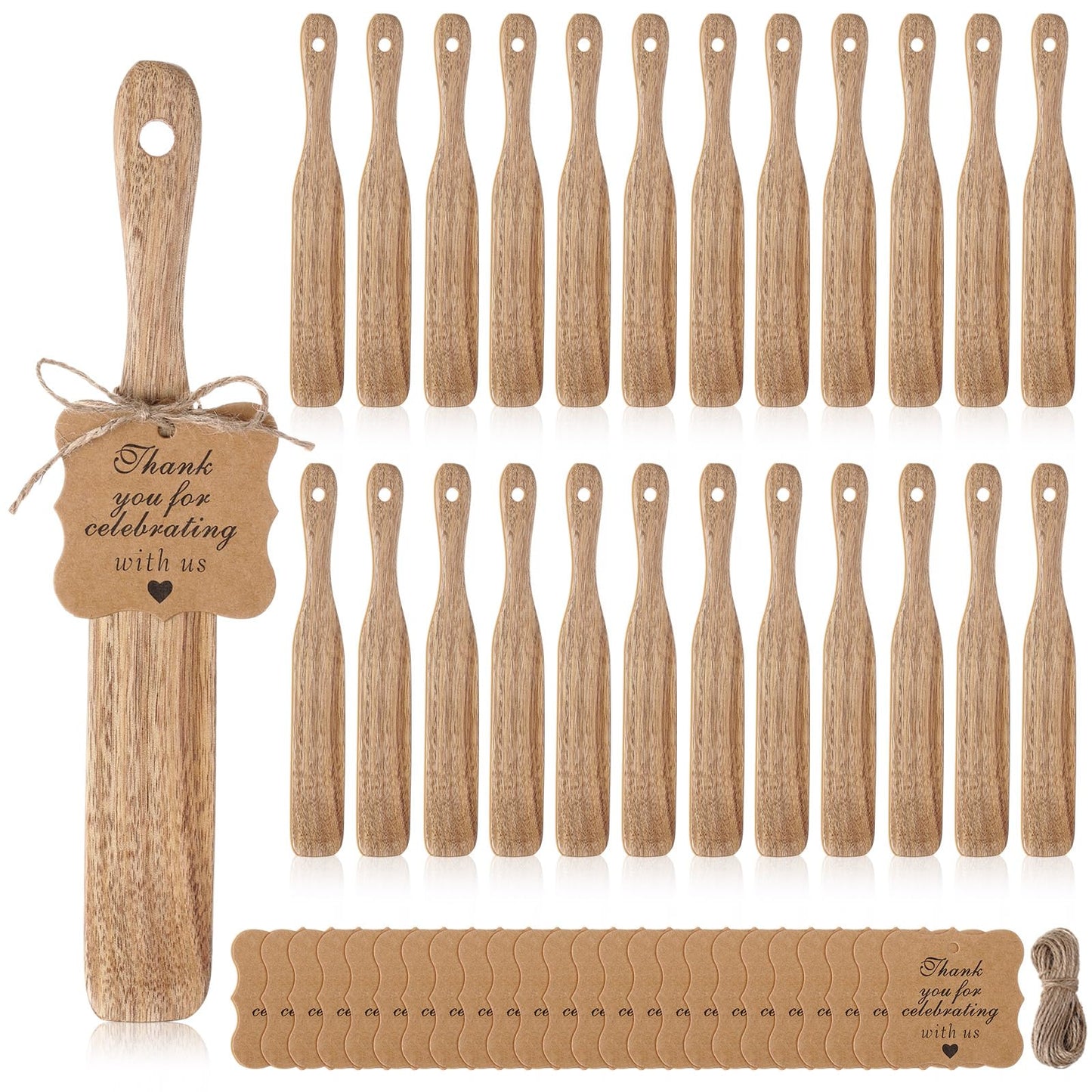 Lineshading 24 Pack Wooden Spurtle Party Favors with 24 Thank You Cards and Twine, 10 Inch Skinny Sourdough Jar Spatulas, Practical Kitchen Gifts for Wedding, Bridal and Baby Shower Guests