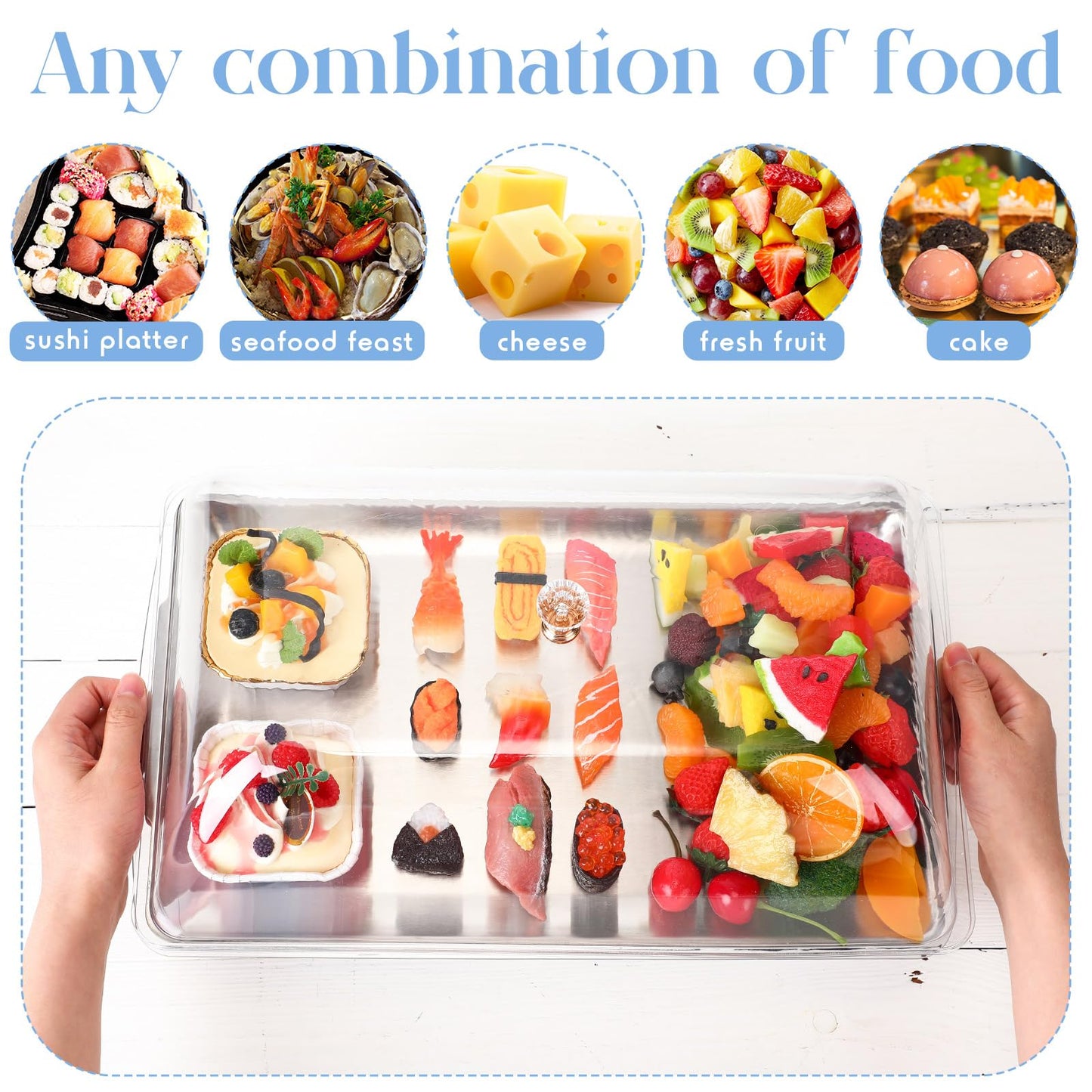 Baderke 1 Set 16" x 9" Chilled Serving Tray for Parties with Compartments and Lid Charcuterie Serving Board Ice Rectangle Chilled Party Platter for Seafood Vegetable Fruit Shrimp Cocktail (Silver)