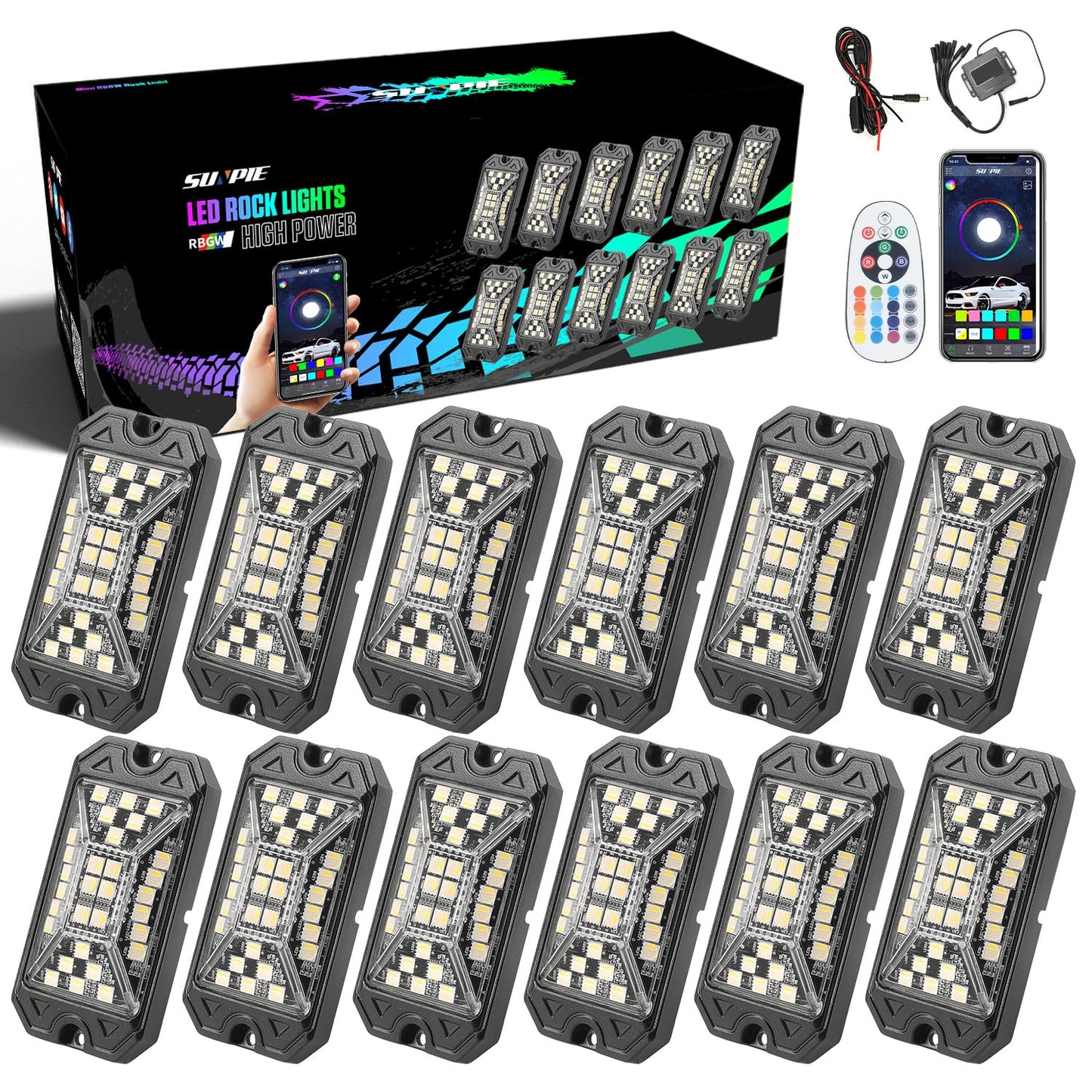 SUNPIE 12 Pods RGBW Rock Lights – Full Beam Angle, 30 High Power Chips, Aluminium Housing, Mounting Pads Included, IP67 Waterproof, Music Mode Underglow Lights, Fits Trucks, SUV, ATV, UTV, Boats