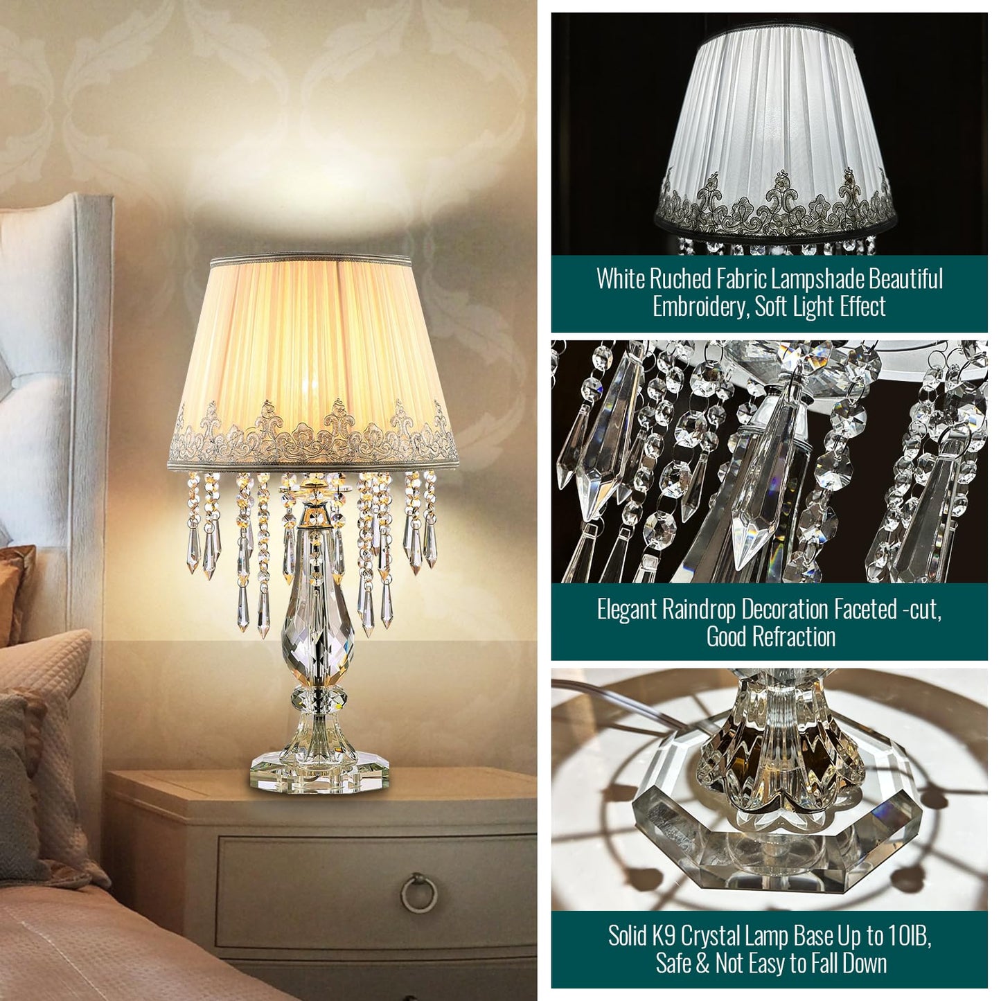 Siljoy Crystal Table Lamp Set of 2, Dimmable Bedside Lamp with Fabric Shades, Farmhouse Nightstand Lamps with K9 Crystal Strands for Living Room Bedroom 22.8 High