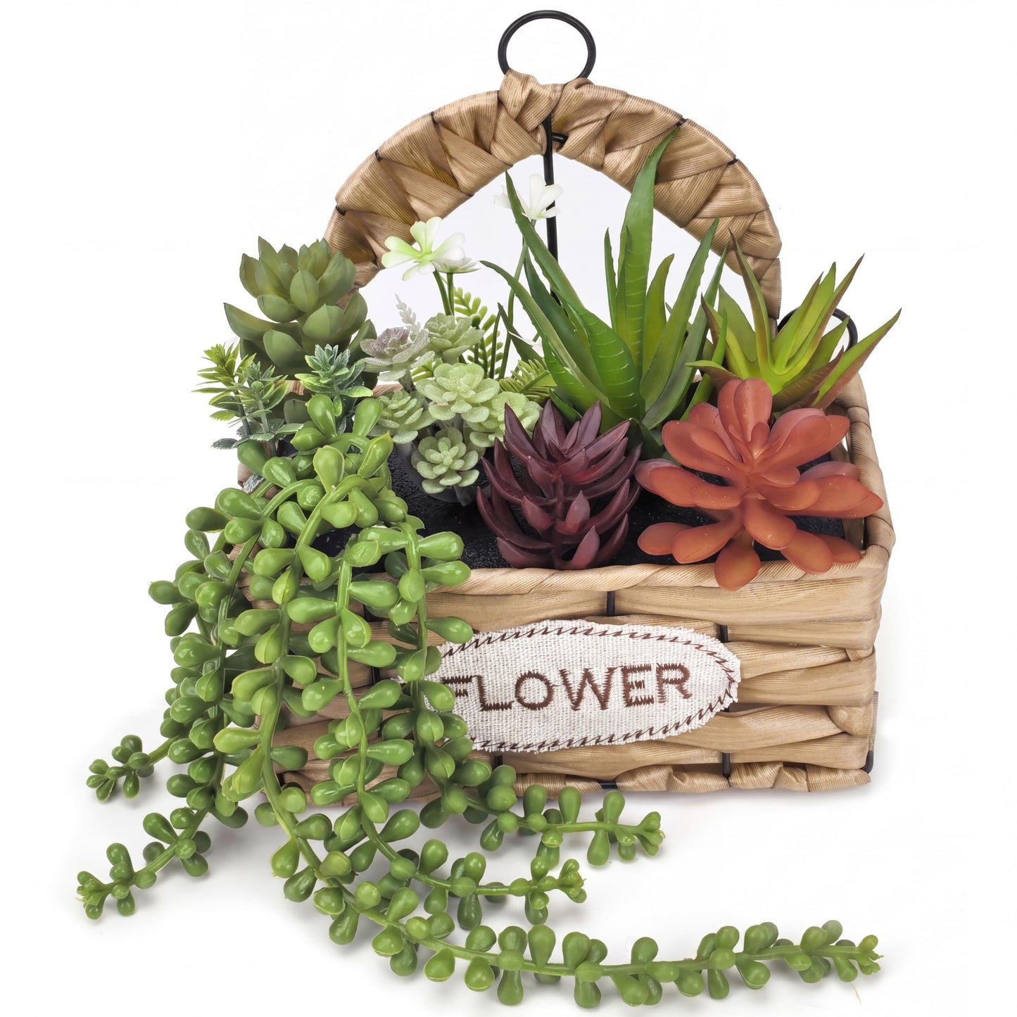 Gresorth 9 Pcs Fake Succulents Hanging Assorted Plants in Woven Basket Artificial Succulent Plant Arrangement Faux String of Pearls Aloe Aeonium Decoration Cabinet Shelf - 8.8 Inch