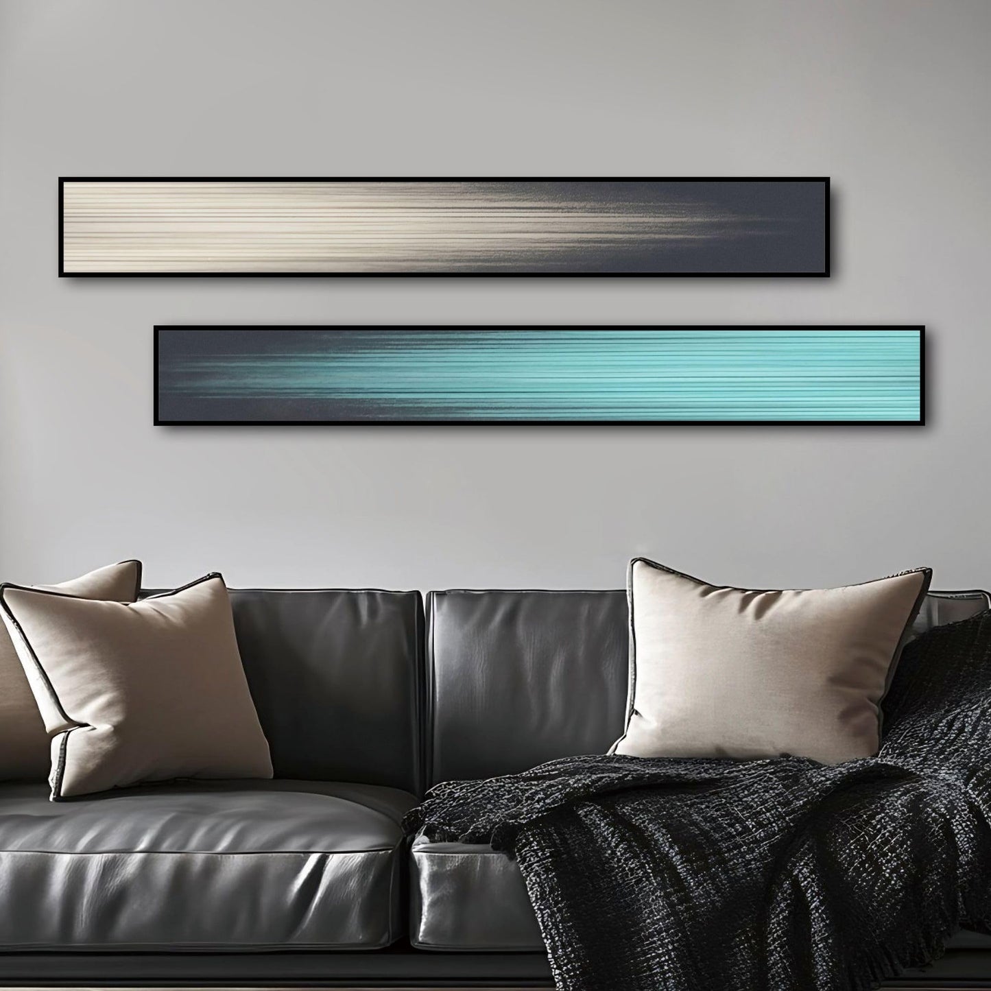 Large Framed Long Narrow Vertical Abstract Wall Art Set of 2, Premium Crystal Porcelain Canvas Prints, Teal Beige Modern Design - Perfect for Entryway, Hallway, Living Room, Bedroom - 10x63 inch