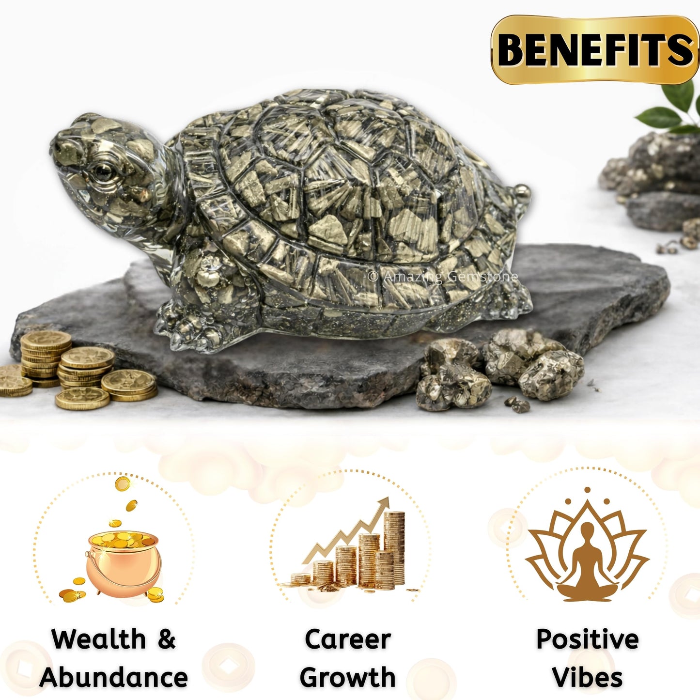 Amazing Gemstone Natural Pyrite Tortoise Turtle Figurine | Feng Shui Wealth & Good Luck Turtle | Prosperity & Positive Energy Crystal Healing Home Decor Gift