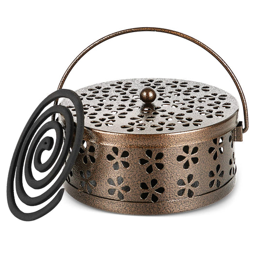 Whiidoom Portable Iron Mosquito Coil Holder with Handle Round Heat-Resistant Incense Holder (Bronze)