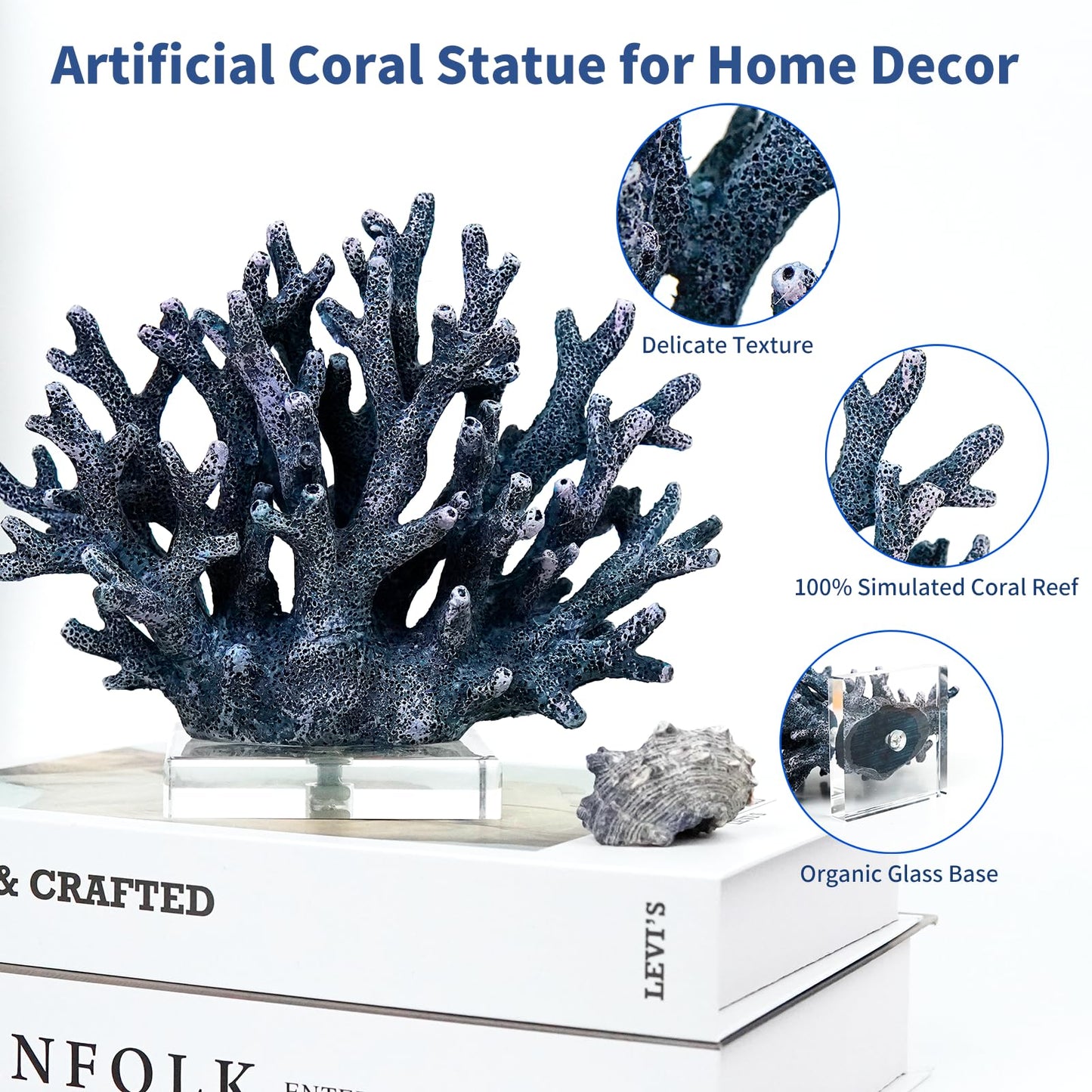 vlinlvo Coral Reef Beach Decor,6.3'' High x 7.5'' Width Artificial Resin Coral Reef Statue for Ocean Coastal Beach Nautical Themed Room Bathroom Decor for Home,RB1001B,Blue