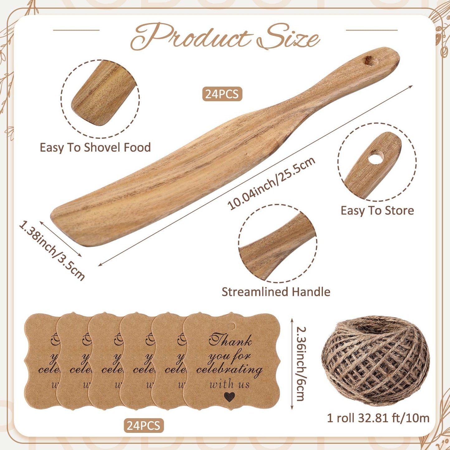 Lineshading 24 Pack Wooden Spurtle Party Favors with 24 Thank You Cards and Twine, 10 Inch Skinny Sourdough Jar Spatulas, Practical Kitchen Gifts for Wedding, Bridal and Baby Shower Guests