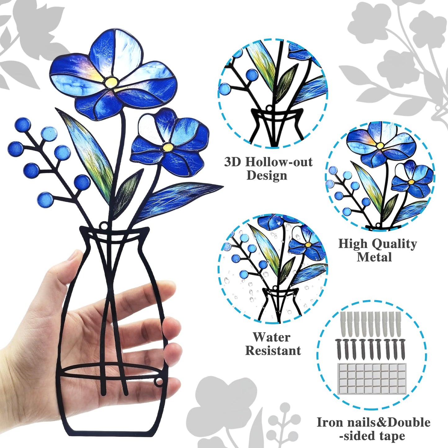 KIROYAL 3 Pcs Metal Vase Wall Arts,Iron Art Painting,Rustic Farmhouse Decor Minimalist Flower Wall Decor for Bedroom Bathroom Living Room Dining Room(Blue, Vase-D)