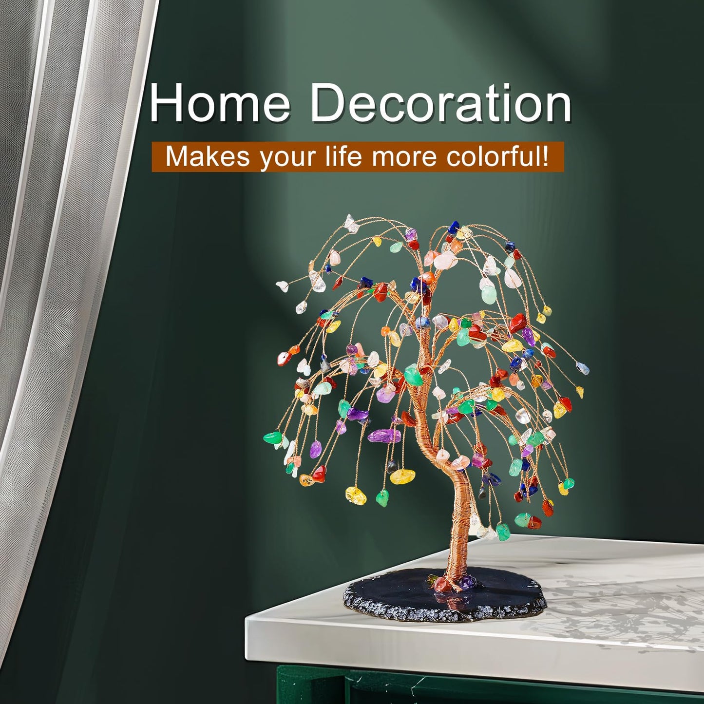 Runyangshi Chakra Crystal Tree of Life Handmade with Copper Wire - 7-8" Natural Healing Crystal Willow Tree Geode Agate Slices Base for Home Decor, Feng Shui Gifts, Office Desk Ornament