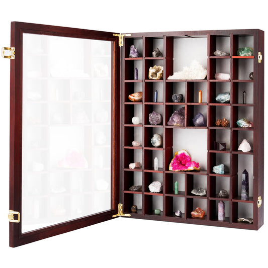 Adjustable Rock Display Case - Rock Collection Box with Fabric Bed for Mineral Display - Dark-Finish Shadow Box with Shelves for Crystal Storage - Display Cases for Collectibles (Large)