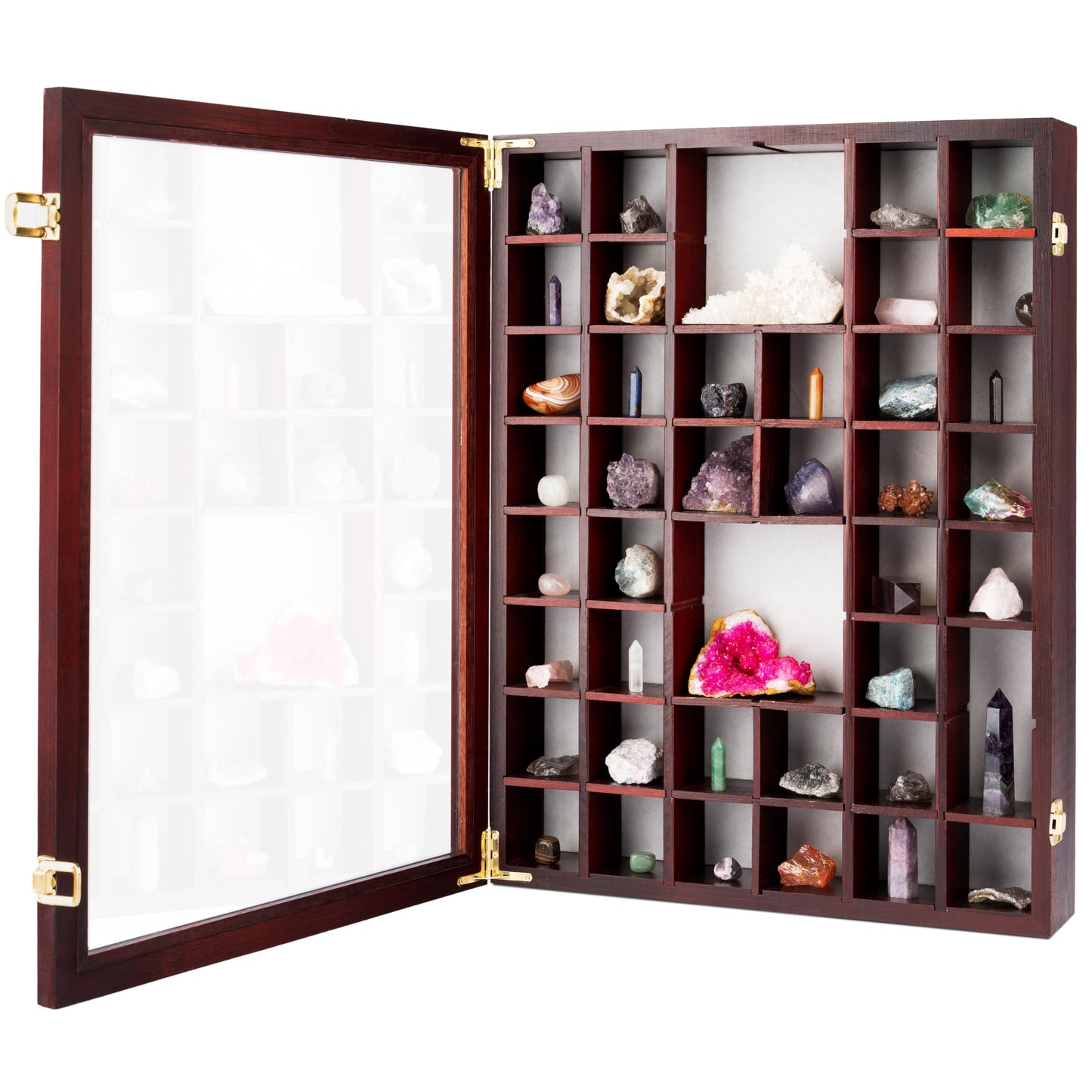Adjustable Rock Display Case - Rock Collection Box with Fabric Bed for Mineral Display - Dark-Finish Shadow Box with Shelves for Crystal Storage - Display Cases for Collectibles (Large)