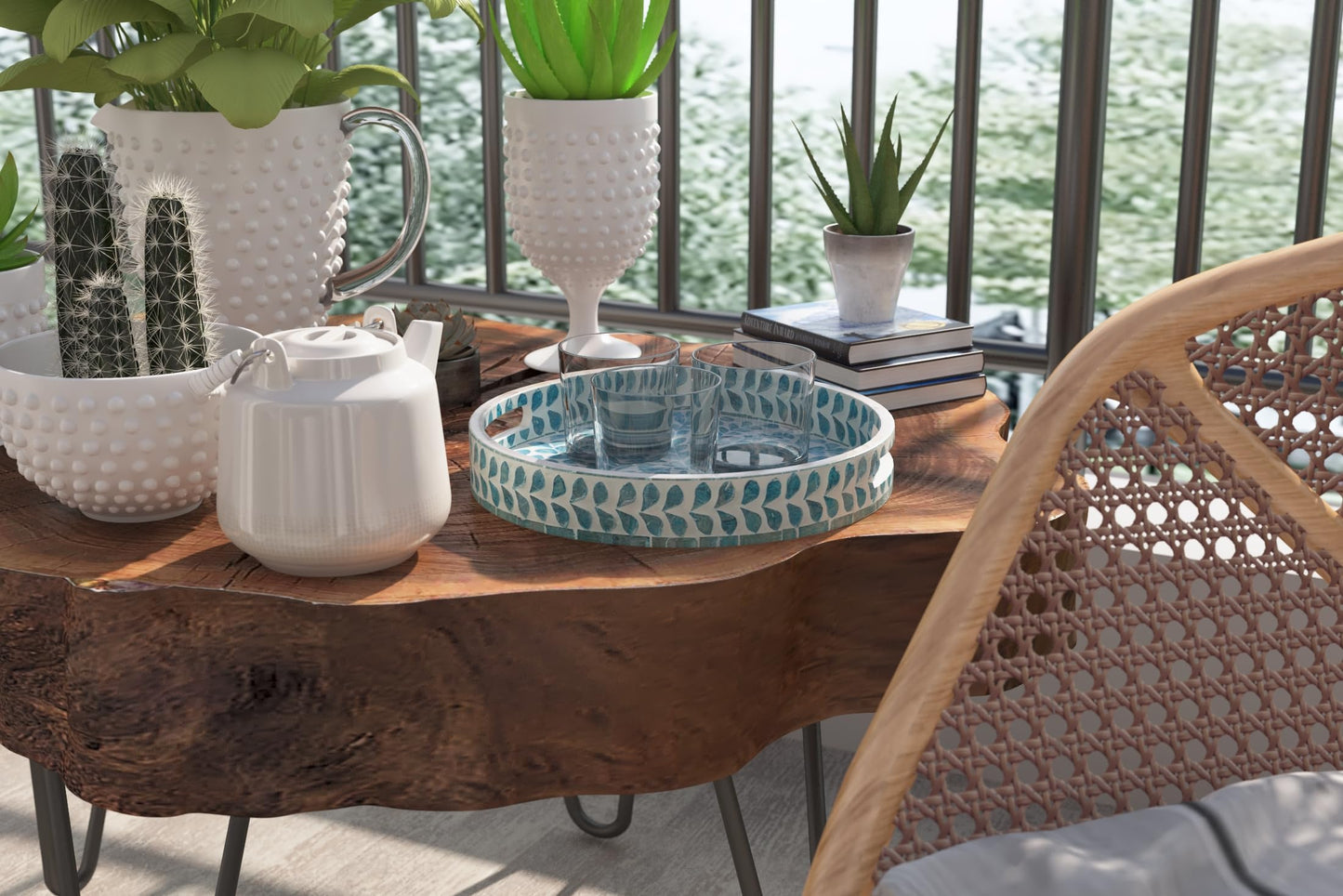 PEMAR 12.6” Mother of Pearl Round Serving Tray with Handles, Decorative Nacred Wooden Ottoman Coffee Table Tray (Teal Floral Pattern)