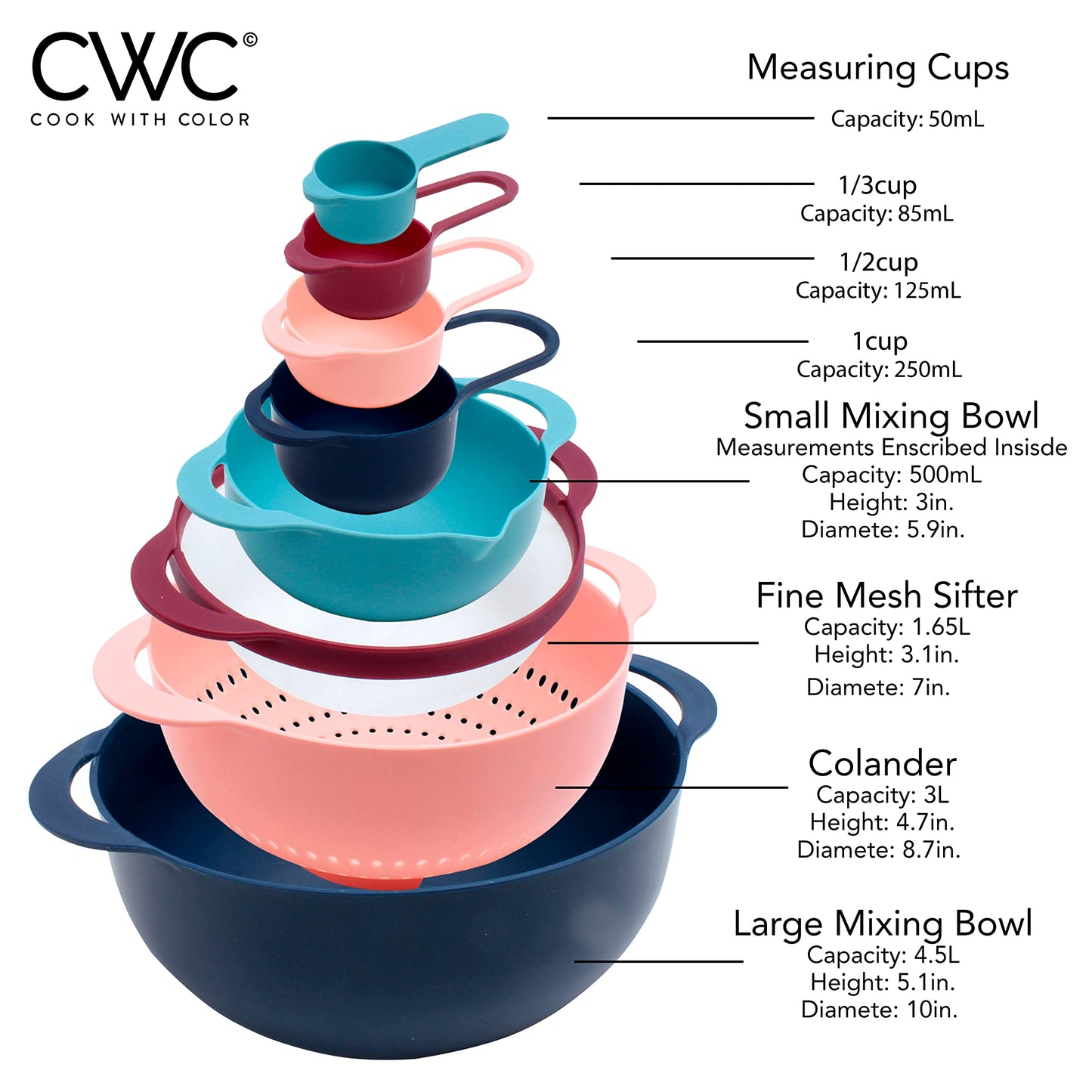 COOK WITH COLOR Nesting Bowls with Measuring Cups Colander and Sifter Set - Includes Mixing Bowls, Colander, Sifter and Measuring Cups, Navy, 8 Pc Bowl