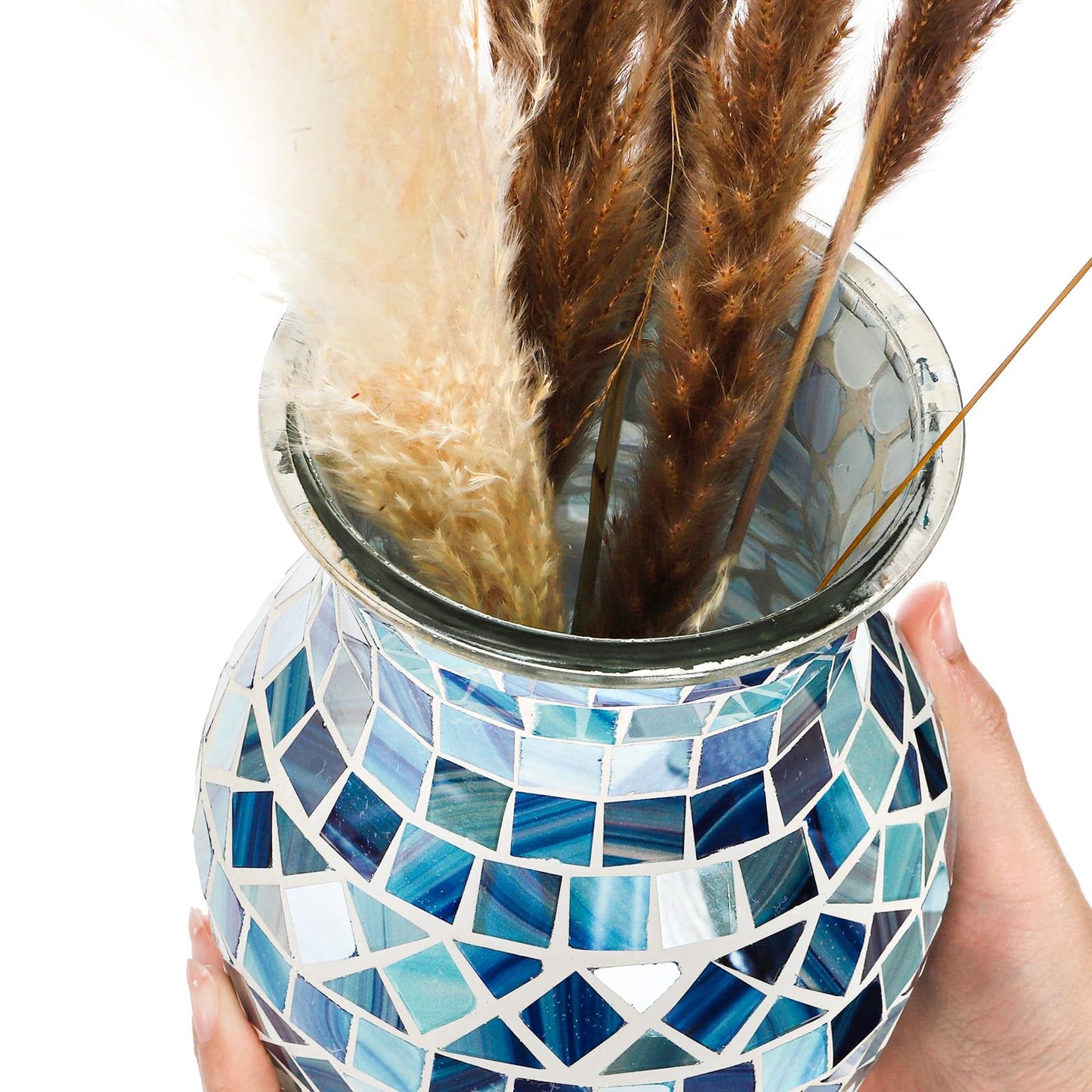 SOUJOY Mosaic Vase, Glass Blue Flower Vases for Centerpieces, Handmade Bud Vase for Wedding Flower Arrangeme, Living Room, Kitchen, Home Decor