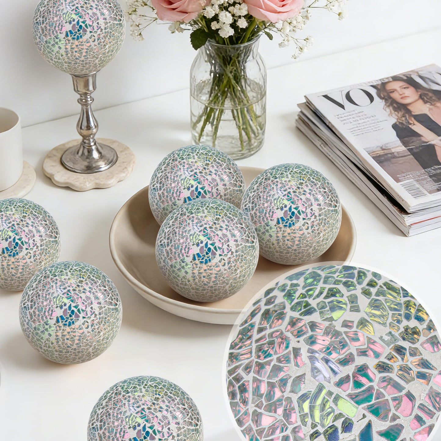Folmywy 6 Pcs Silver Decorative Ball for Bowls 3.35inch Mosaic Glass Sphere