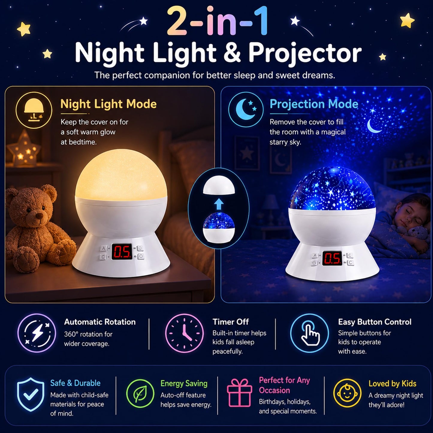 MOKOQI Star Projector Night Light for Kids, Rotating Stars Night Light Projector for Kids Bedroom, Star Projector with Timer, Light Up Stars for Ceiling, Star Machine Gift for Boys Girls Toddlers
