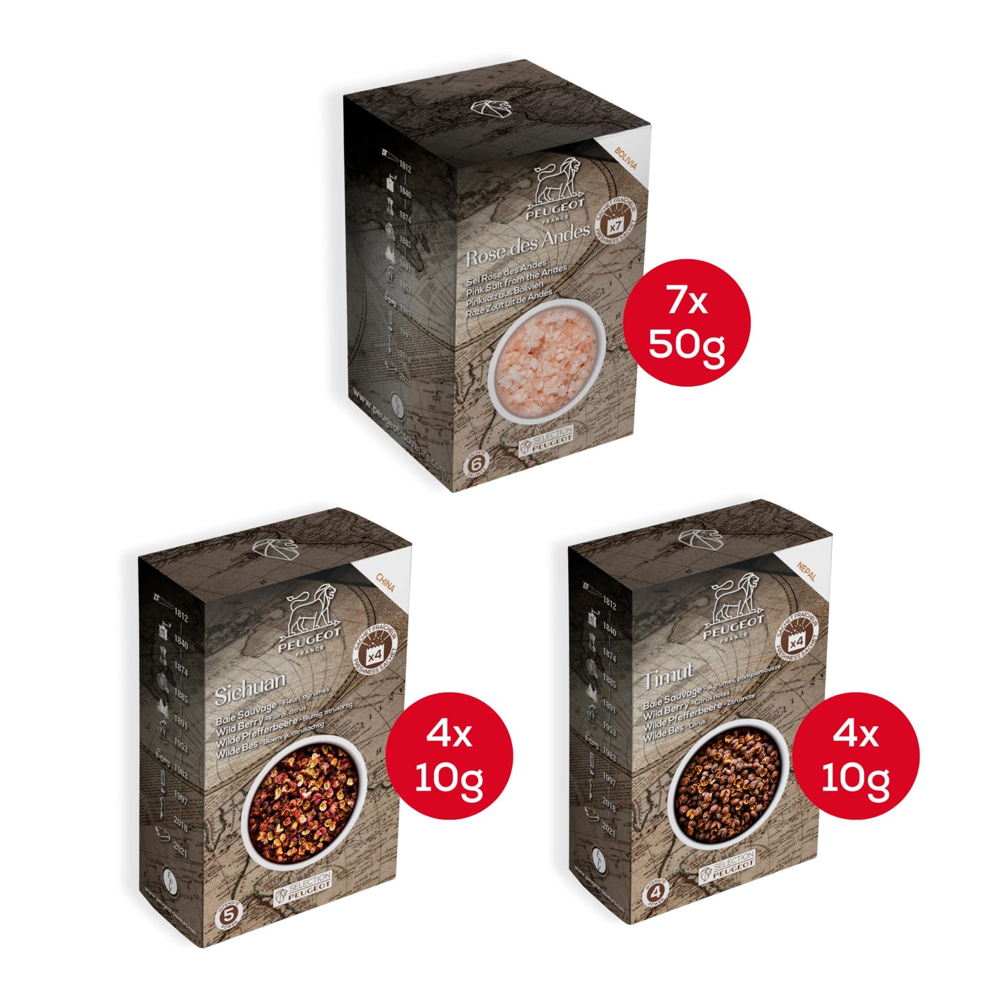 Peugeot Salt & Pepper Spice Bundle-15 Sealed Packets Total-4 Timut Wild Peppercorns, 4 Sichuan Red Peppercorns, and 7 Pink Bolivian Salt-Spice Refills for Grinders, 430g