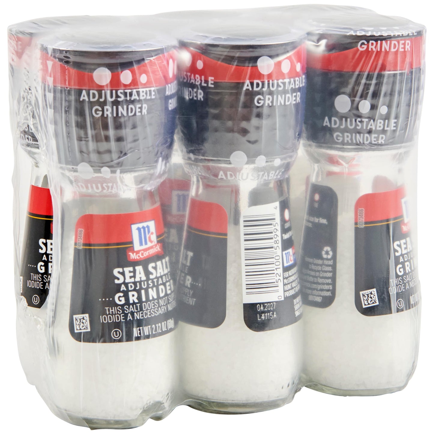 McCormick Sea Salt Grinder, 2.12 oz (Pack of 6) - One 6 Pack of 2.12 Ounce Glass Bottles of Mediterranean Sea Salt, Best for Tabletop Use
