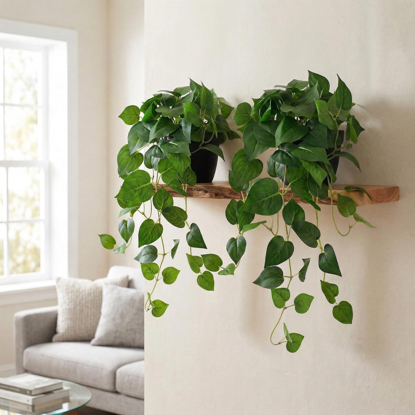 Artificial Pothos Hanging Plant, 25" Set of 2 Faux Ivy Vines with Pots