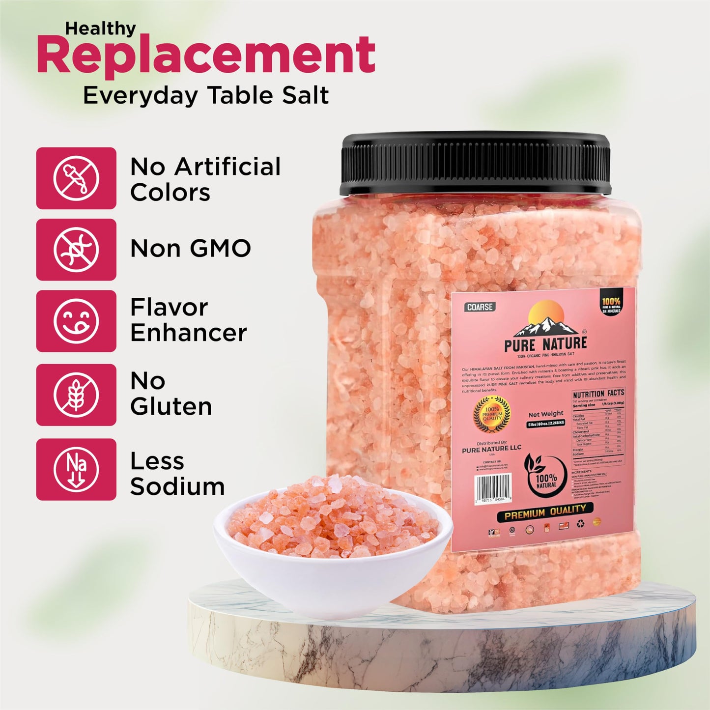 PURE NATURE Himalayan Pink Salt Coarse Grain 5 lb Bulk Bag – Natural Pink Himalayan Rock Salt for Grinder Refill, Cooking, and Seasoning, Coarse Pink Salt Crystals from Pakistan, Non-GMO