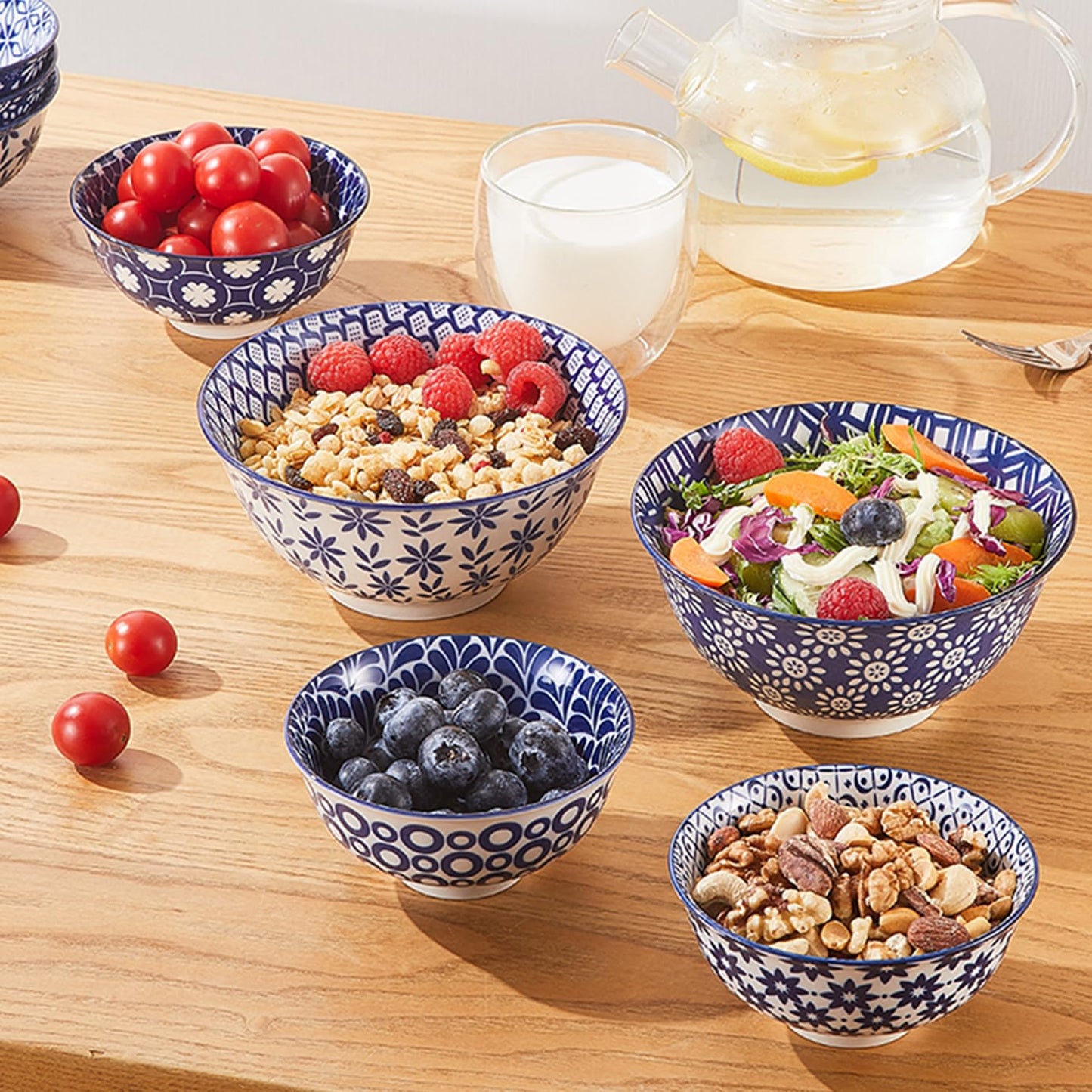 AntoKueh 6 inches Blue and White Ceramic Bowls, 23Oz Deep Cereal Porcelain Bowls set of 6, Large Soup Bowls for Salad, Fruit, Vintage, Party Tableware