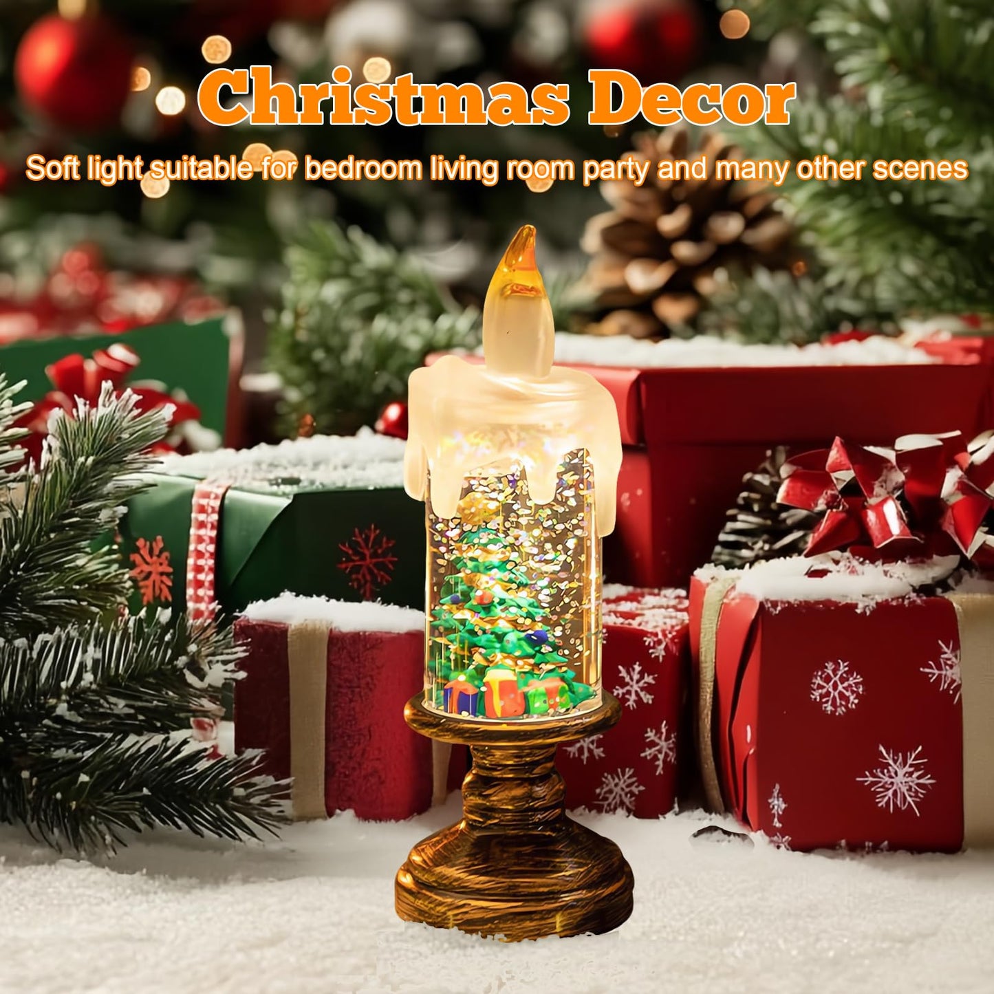AVEKI Christmas Flameless Candles, Snow Globe Candles Light with Fluttering Sequins, Battery Operated Taper Candles for Home Party Christmas Decorations (Christmas Tree)