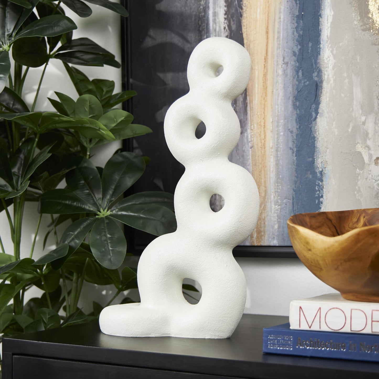 Deco 79 Resin Abstract Decorative Sculpture Stacked Circle Ring Home Decor Statue, Accent Figurine 11" x 5" x 18", White